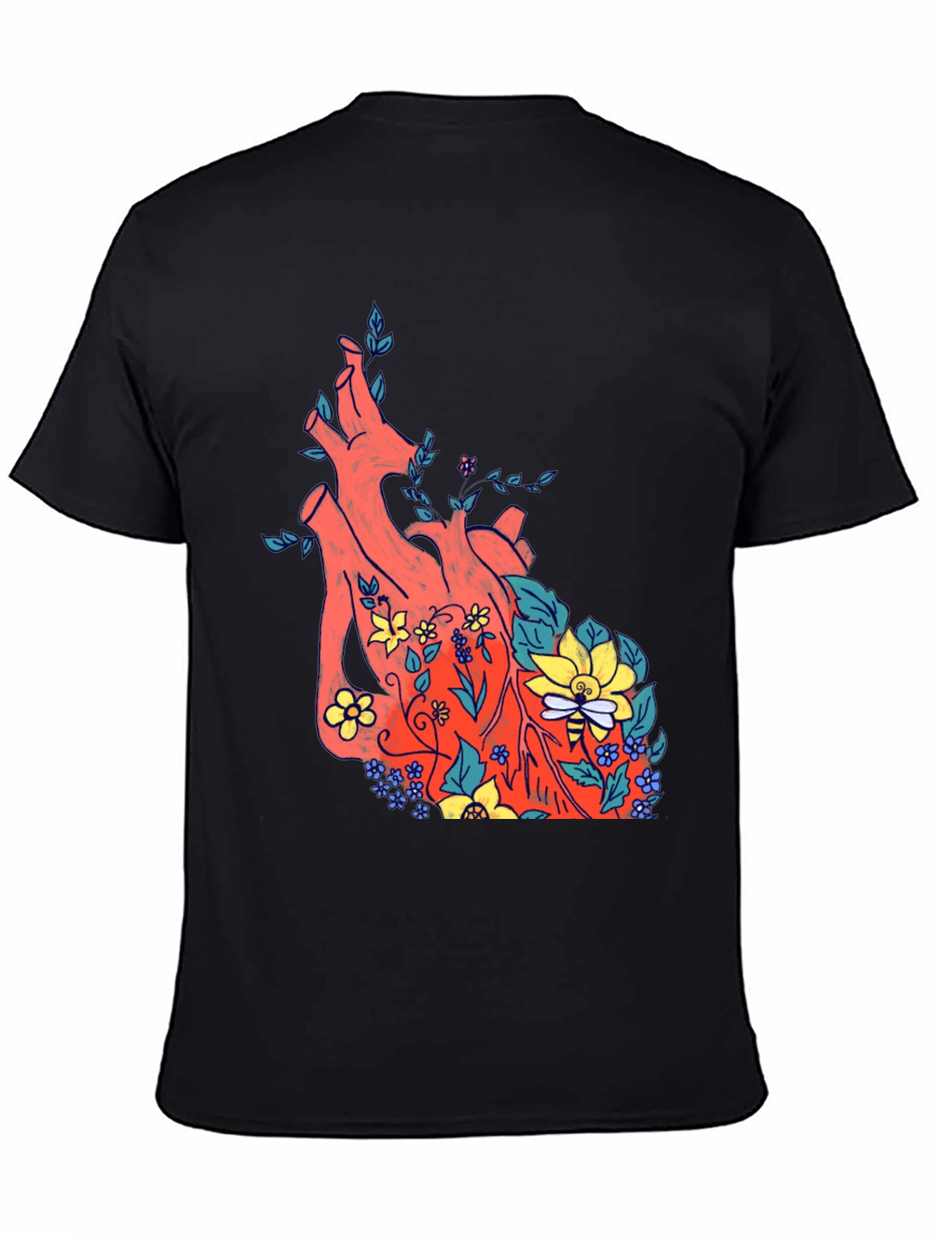 Floral Heart Print Black T-Shirt