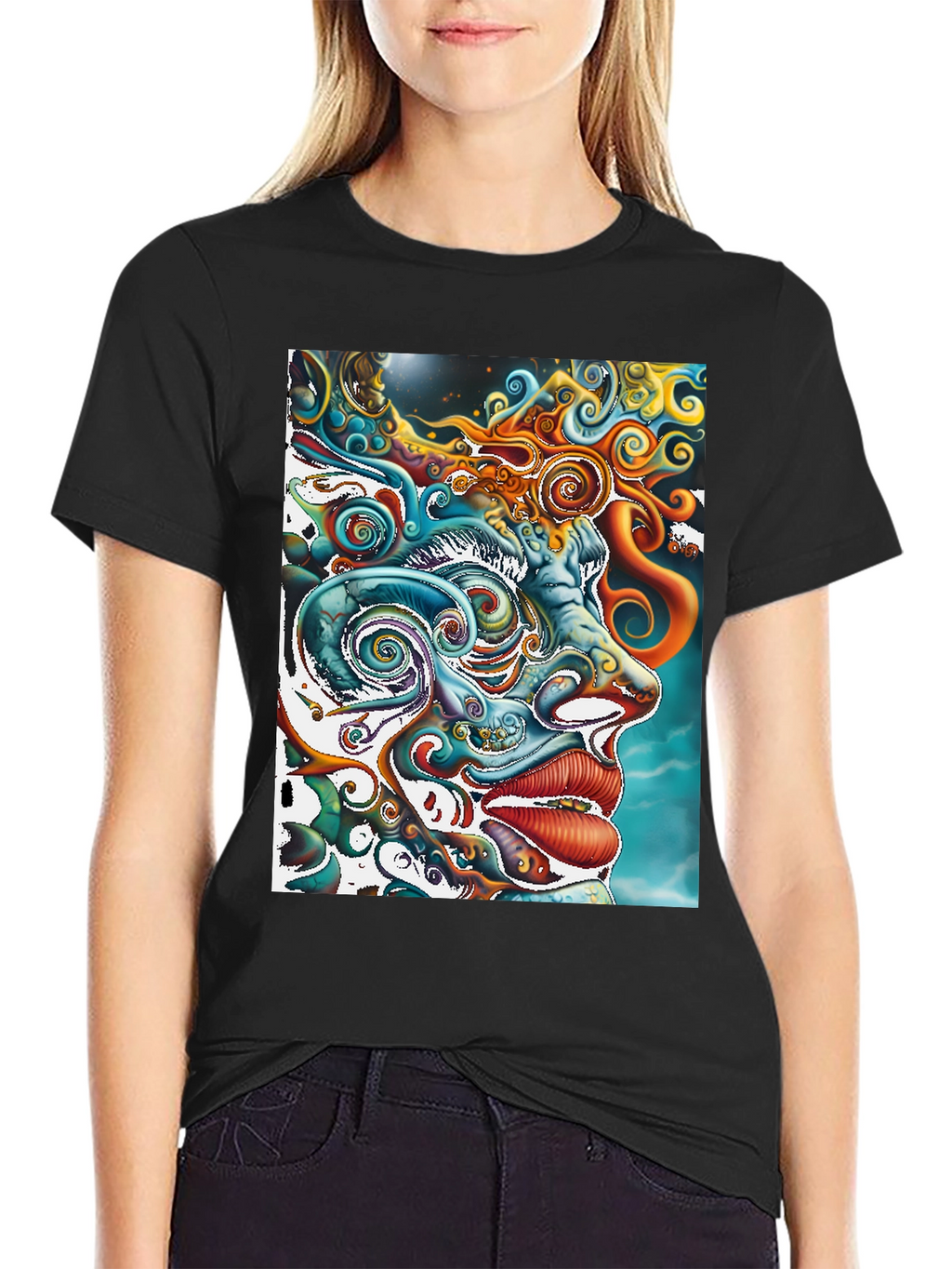 Psychedelic Face Graphic Print Black Tee