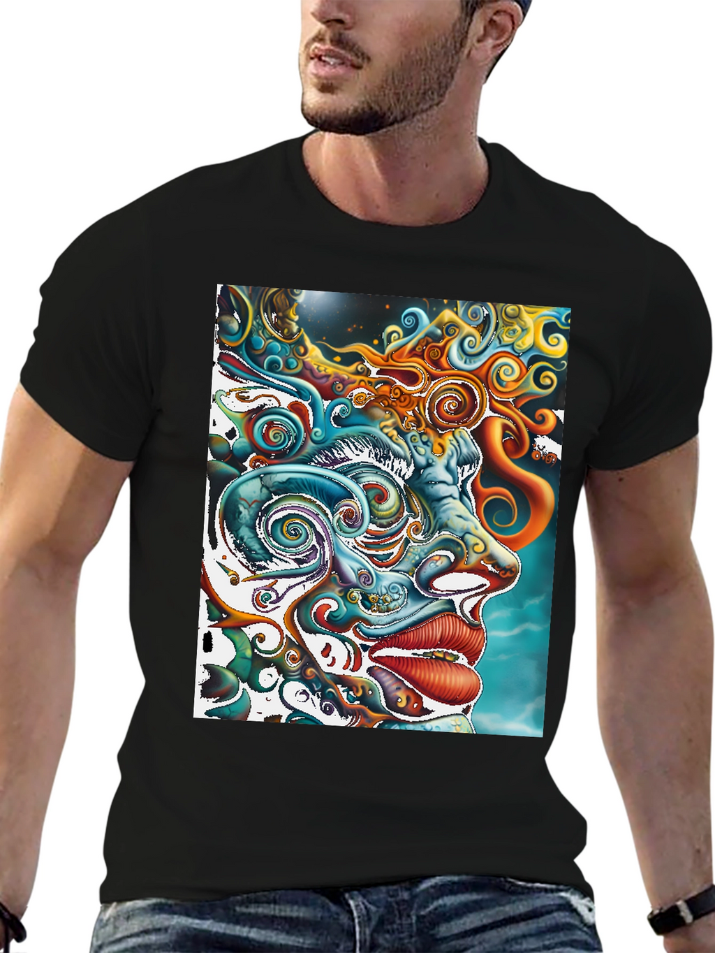 Psychedelic Face Graphic Print Black Tee
