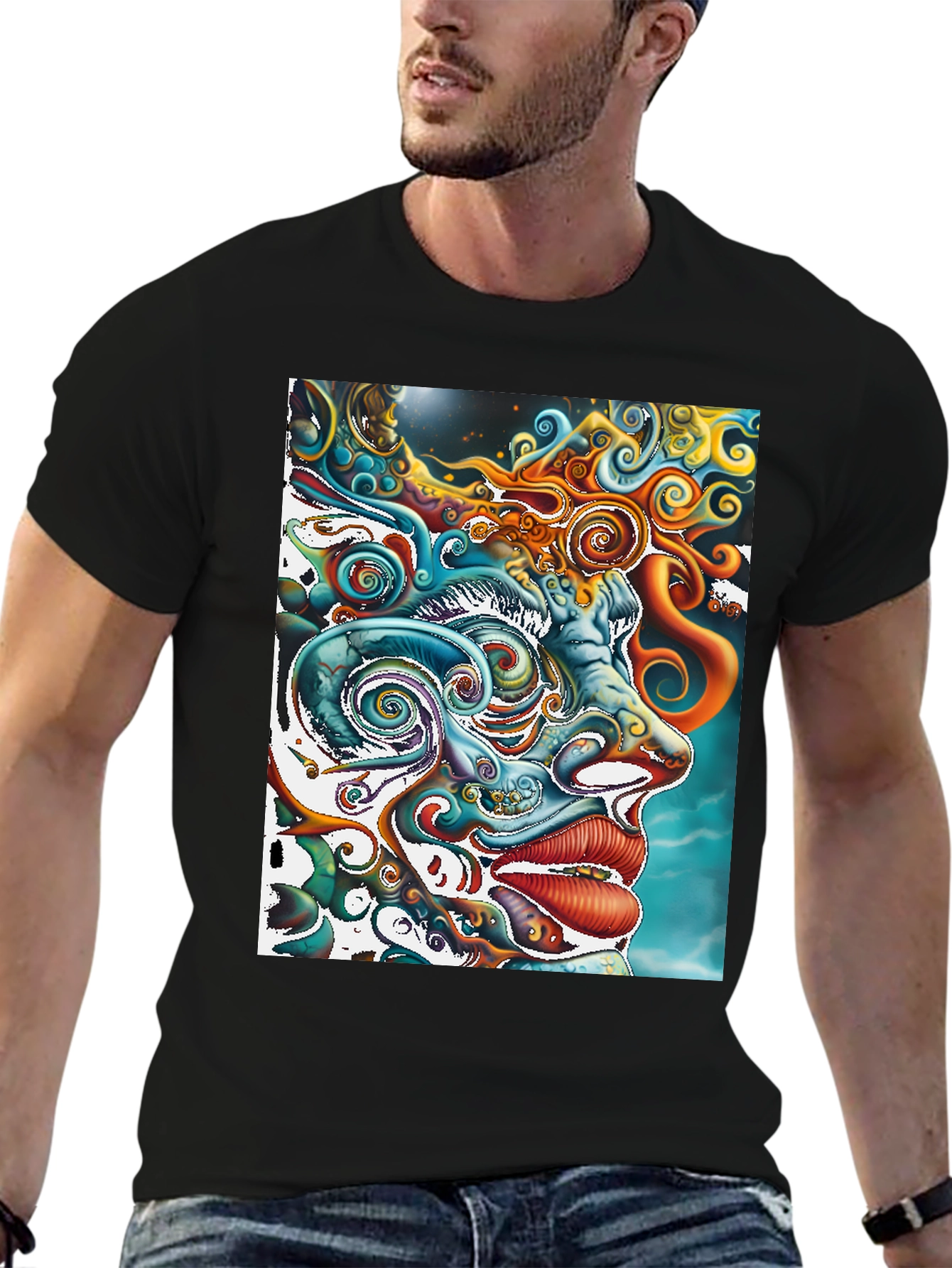 Psychedelic Face Graphic Print Black Tee