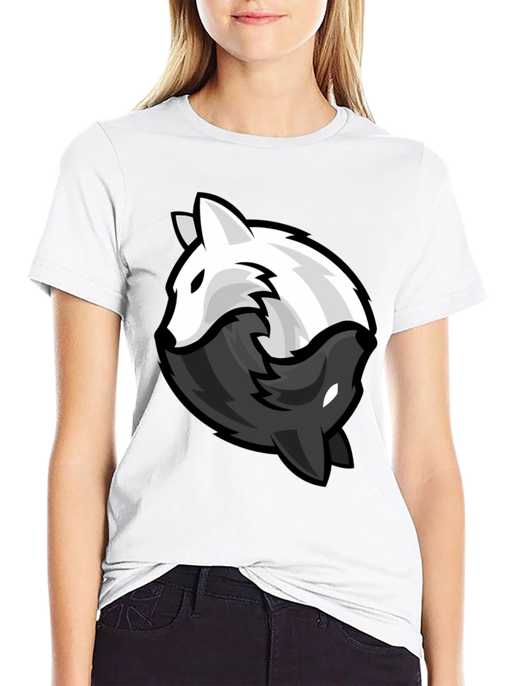 Yin Yang Wolves Graphic Tee - Black Cotton Blend
