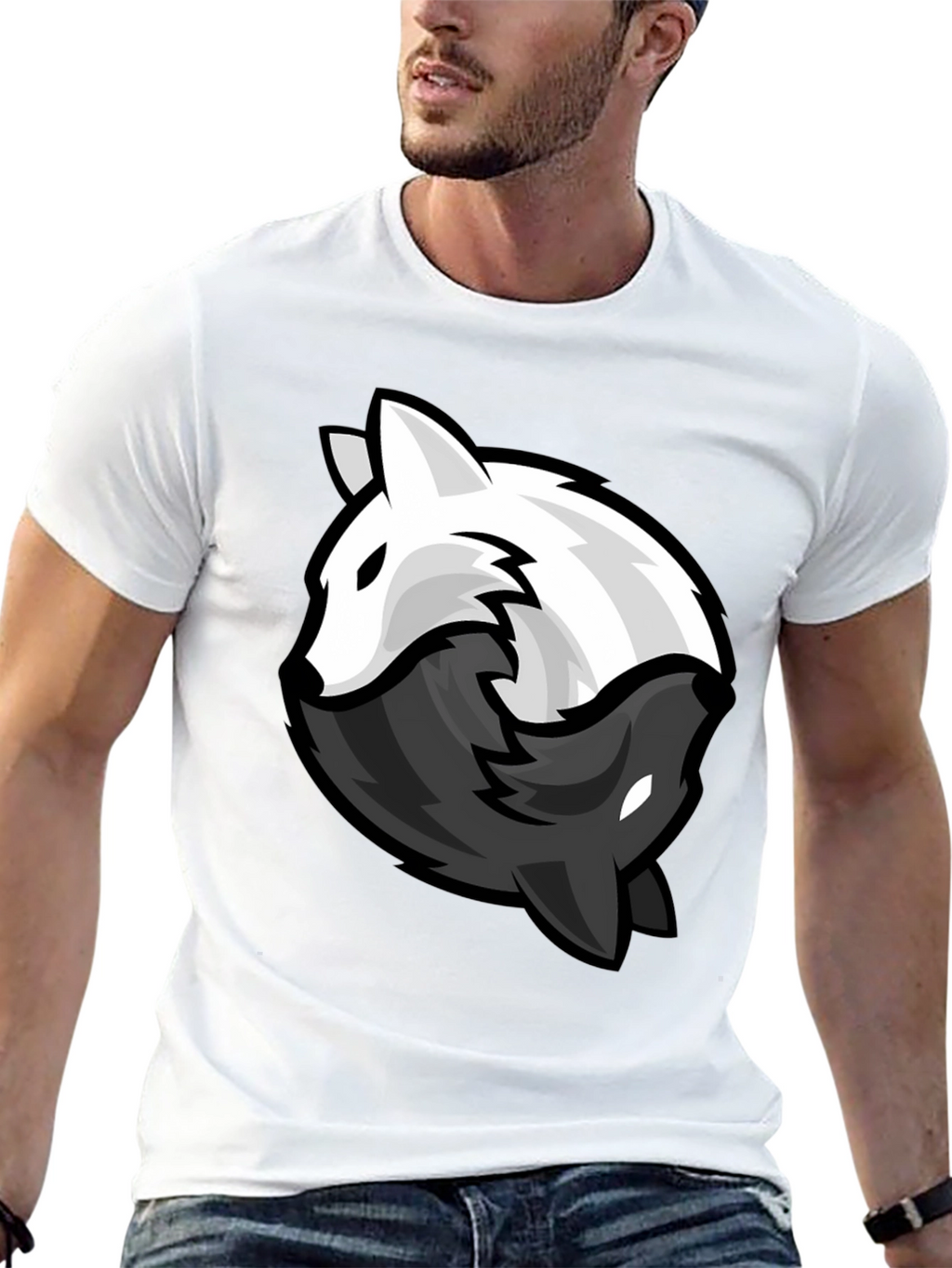 Yin Yang Wolves Graphic Tee - Black Cotton Blend
