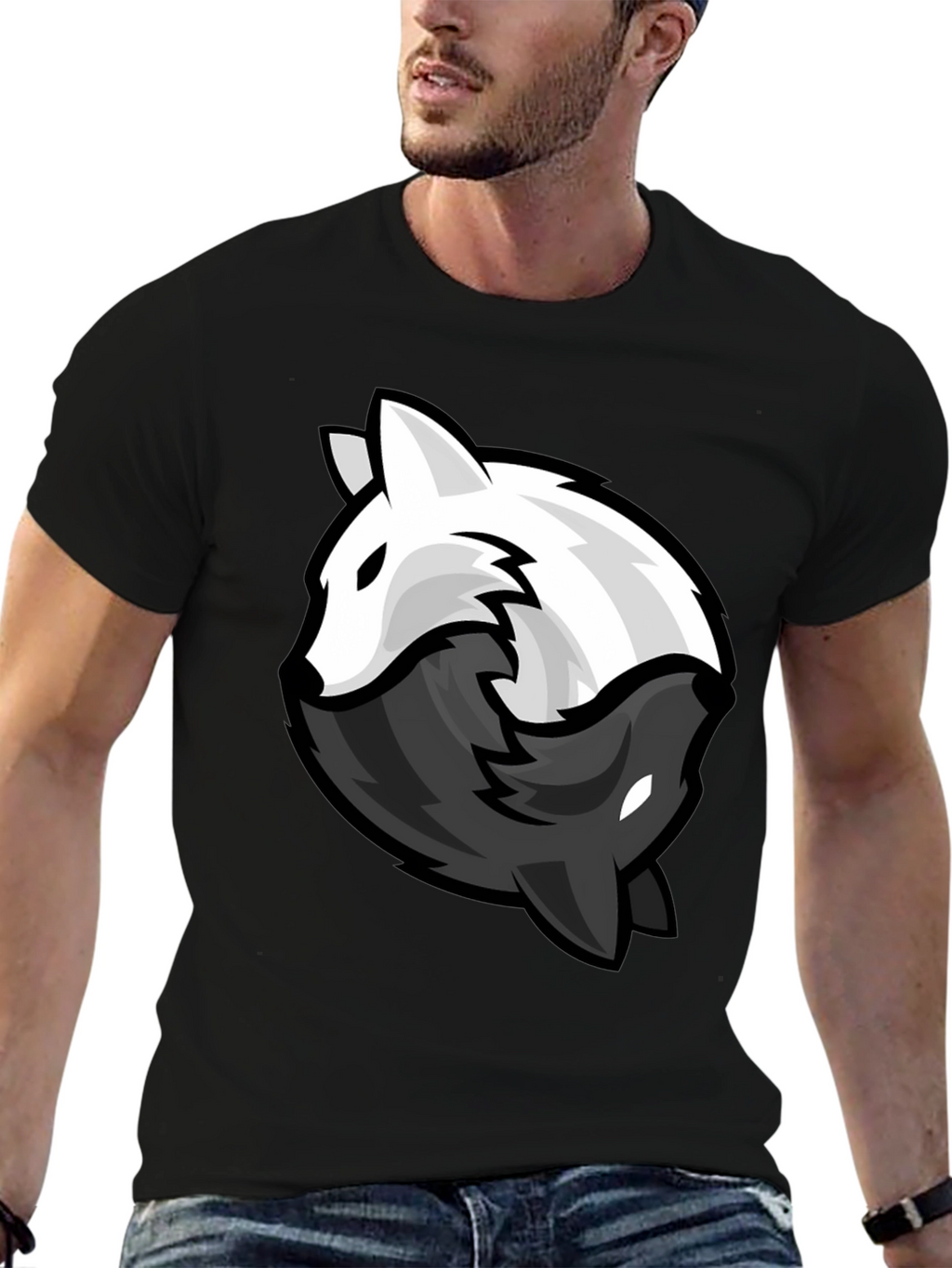 Yin Yang Wolves Graphic Tee - Black Cotton Blend