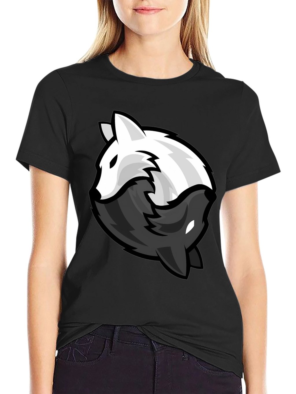 Yin Yang Wolves Graphic Tee - Black Cotton Blend