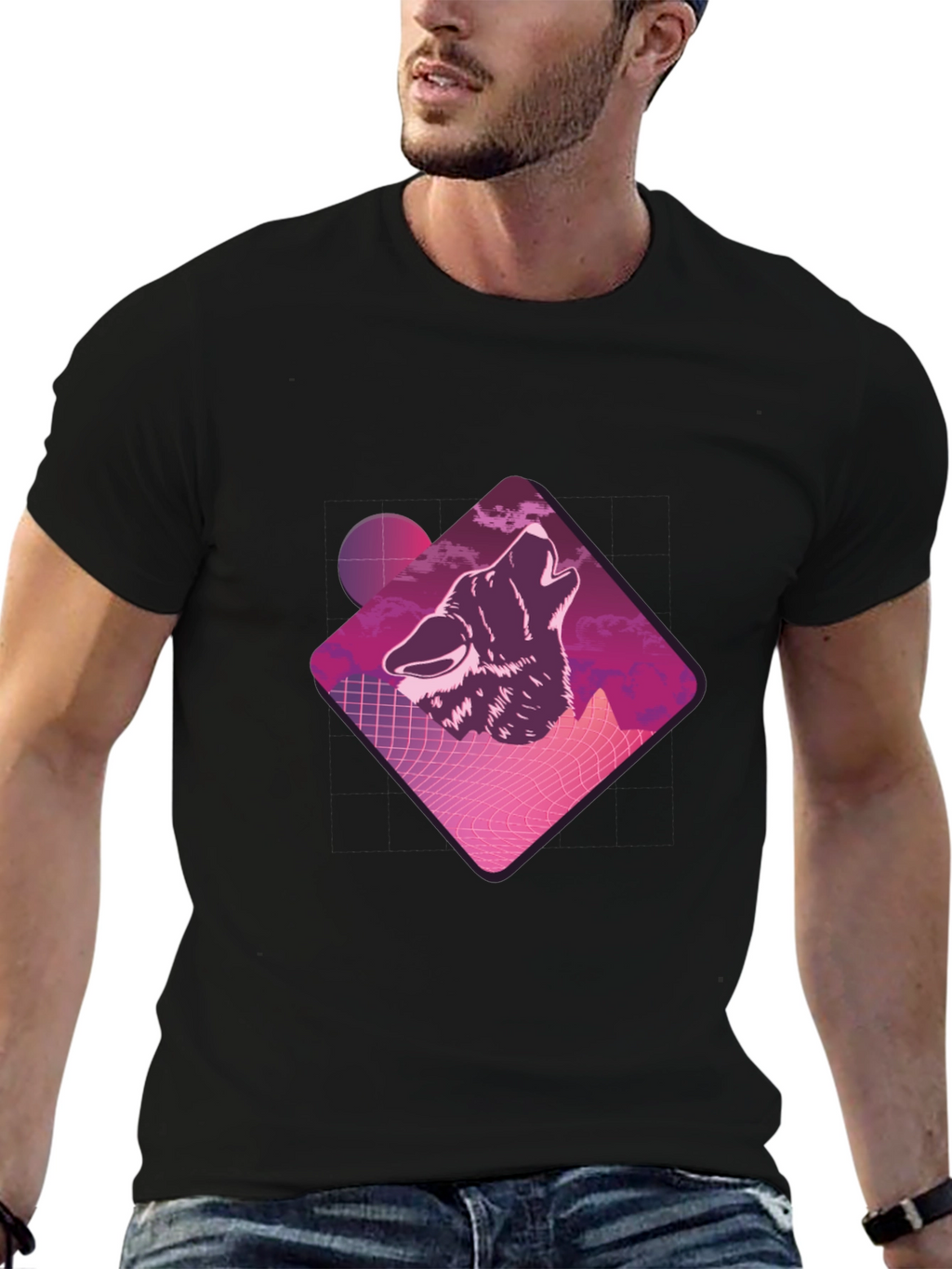 Retro Wolf Graphic Tee - Black Crew Neck T-Shirt