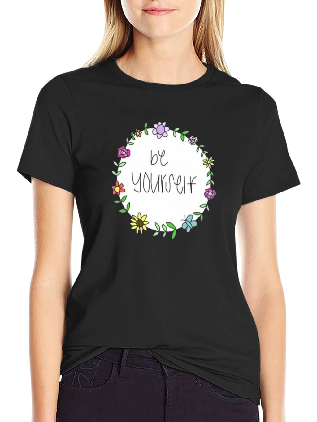 Be Yourself Floral Wreath Black T-Shirt