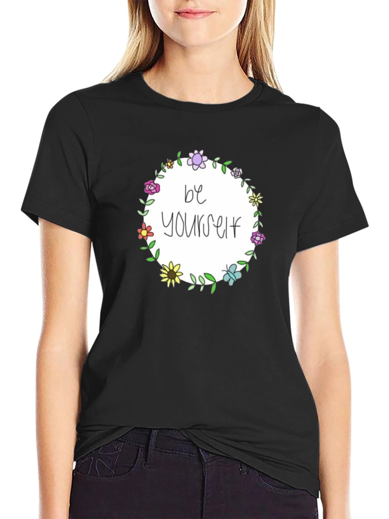 Be Yourself Floral Wreath Black T-Shirt