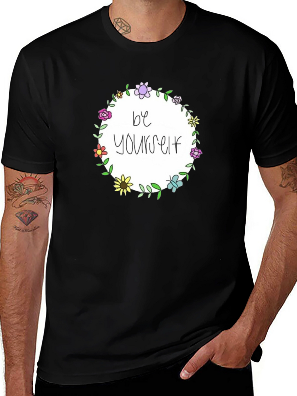 Be Yourself Floral Wreath Black T-Shirt