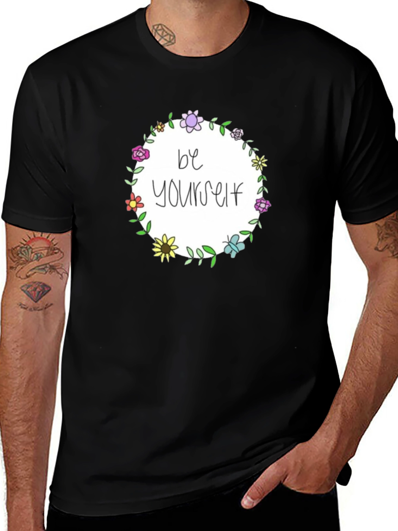 Be Yourself Floral Wreath Black T-Shirt