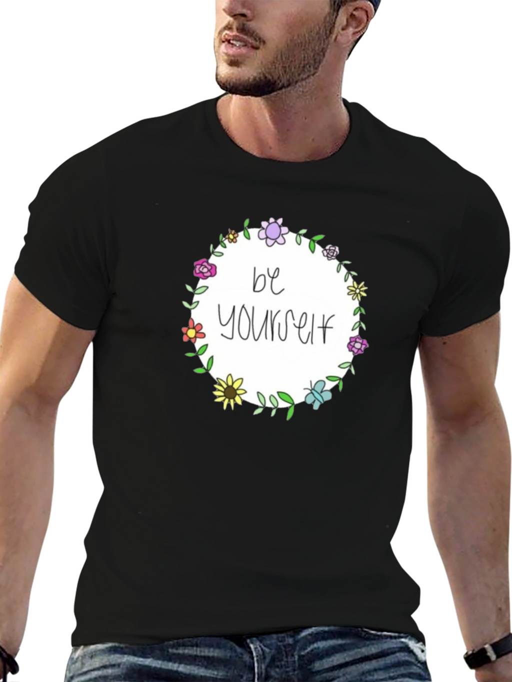 Be Yourself Floral Wreath Black T-Shirt