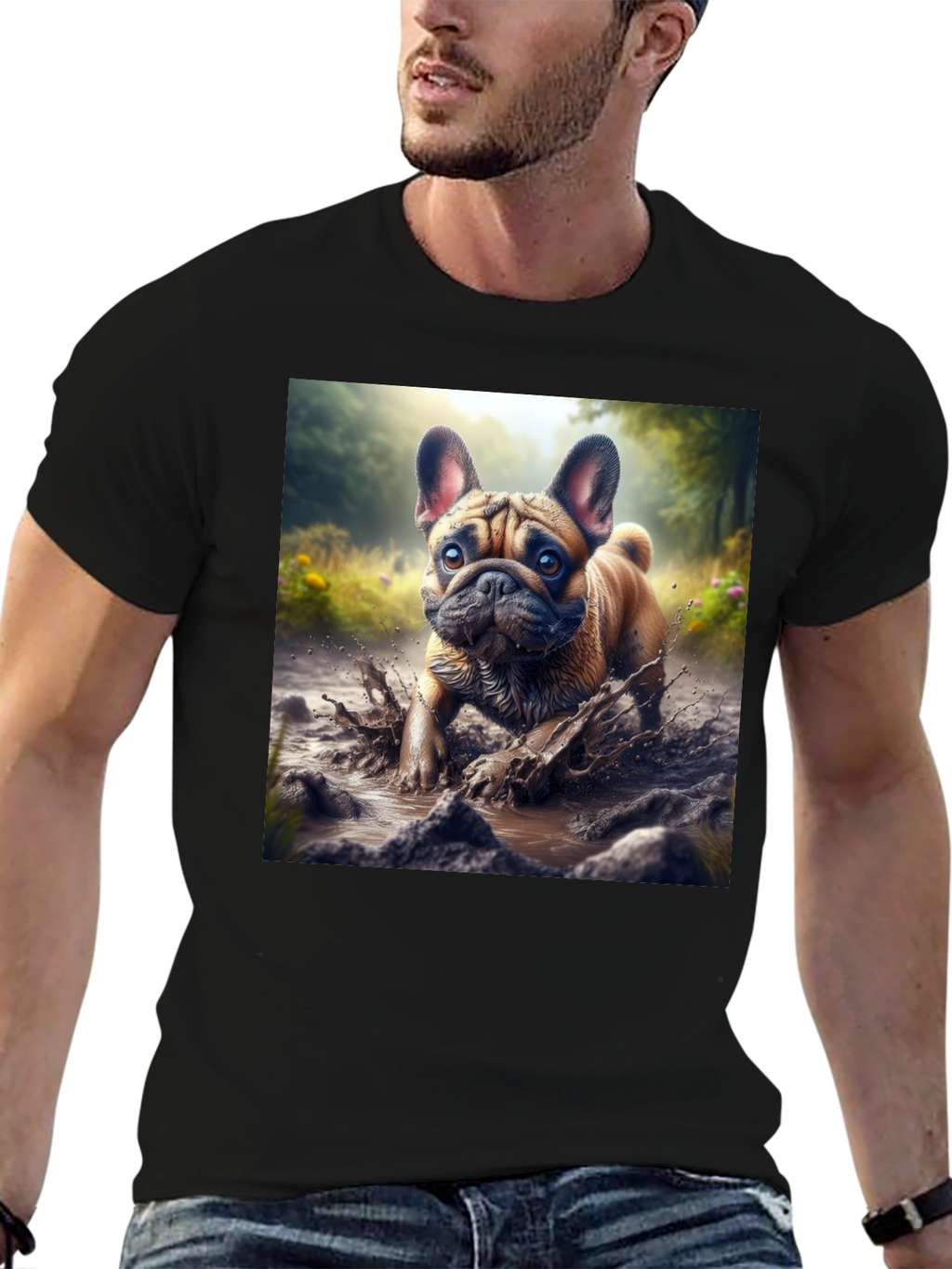 Bulldog Muddy Paws Graphic Tee - Black Cotton