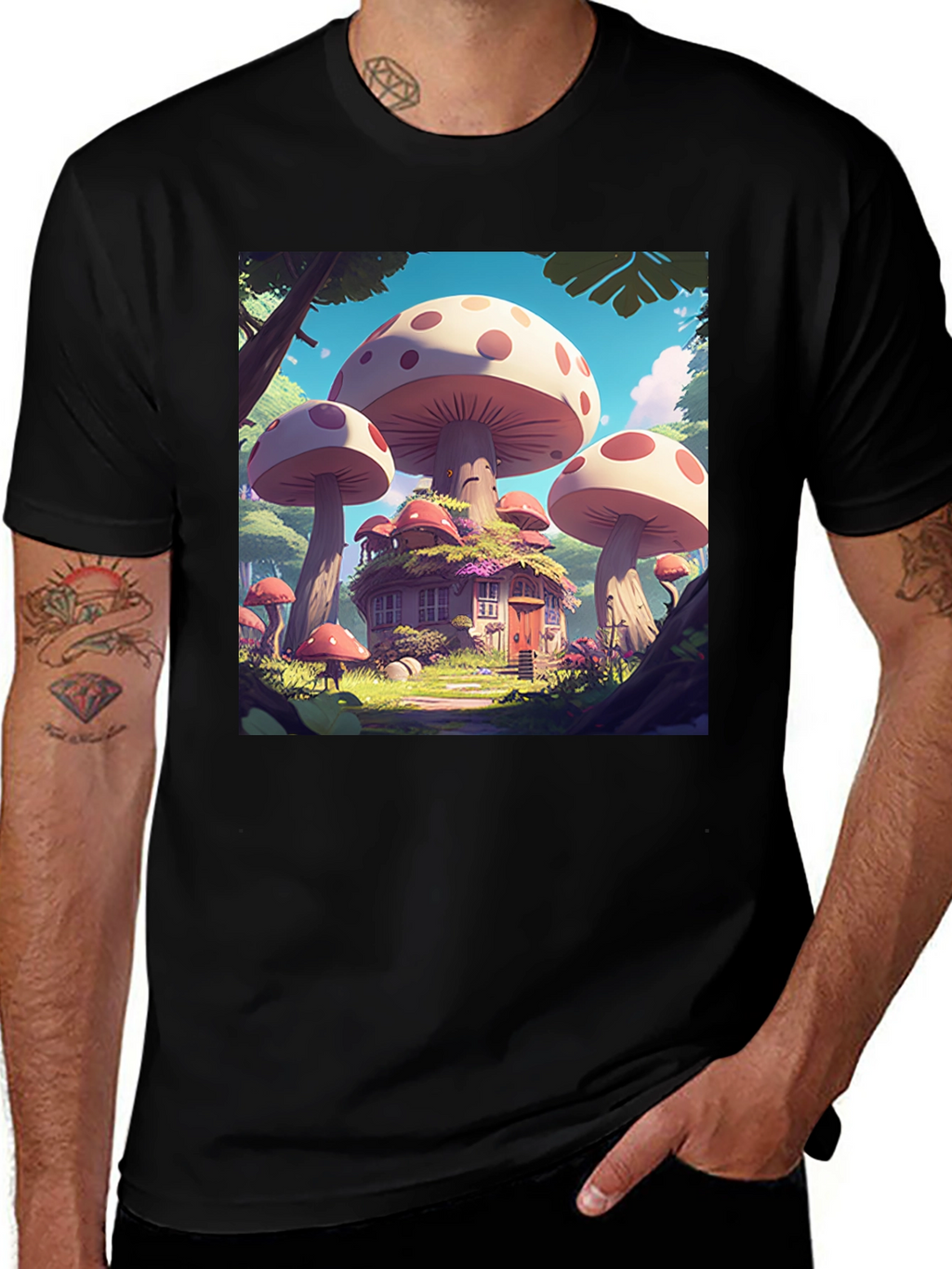 Mushroom House Graphic Tee - Whimsical Forest Design
