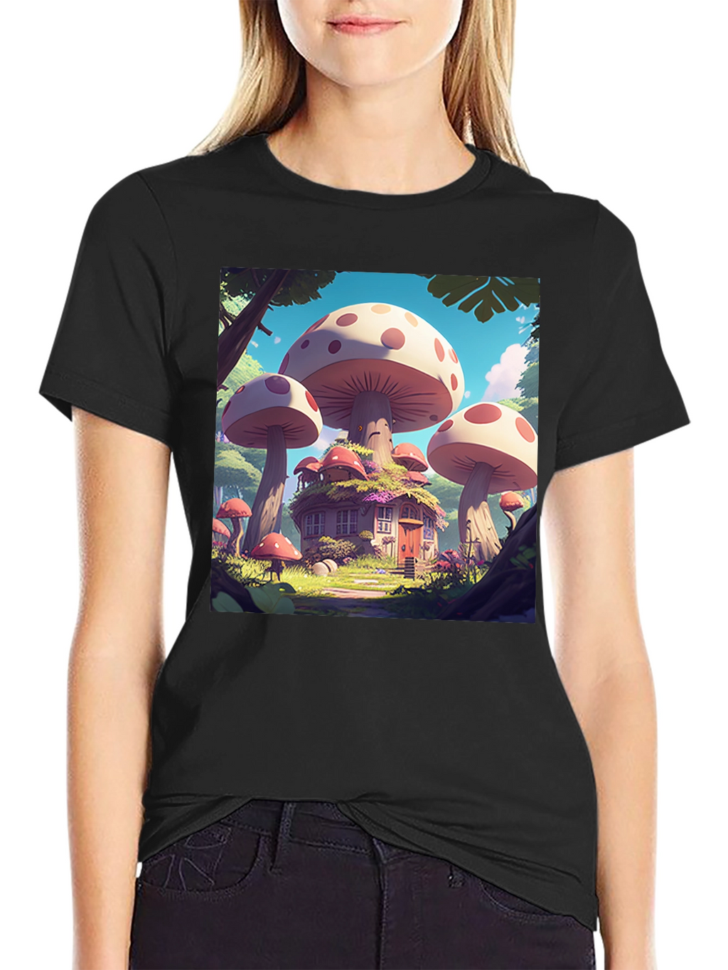 Mushroom House Graphic Tee - Whimsical Forest Design