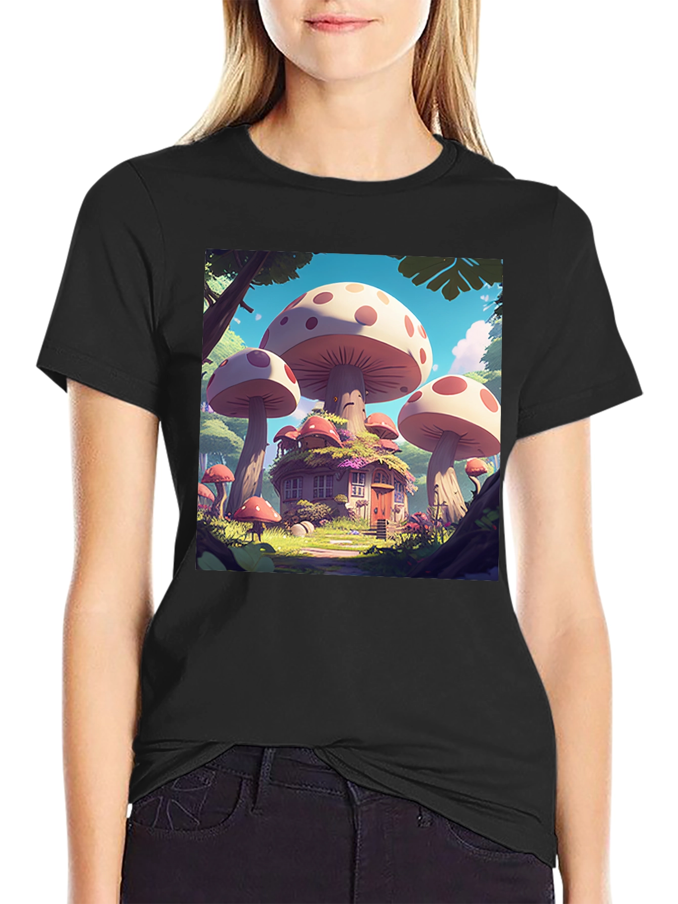 Mushroom House Graphic Tee - Whimsical Forest Design