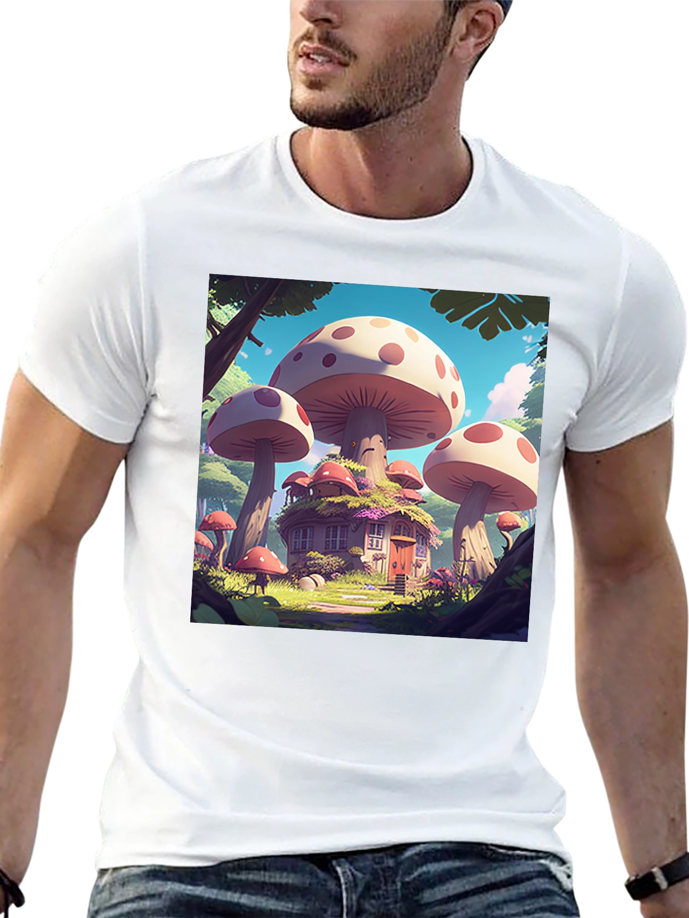 Mushroom House Graphic Tee - Whimsical Forest Design