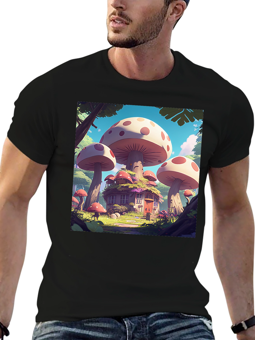 Mushroom House Graphic Tee - Whimsical Forest Design
