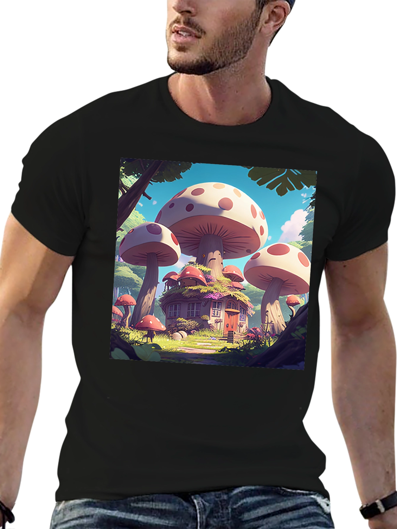 Mushroom House Graphic Tee - Whimsical Forest Design