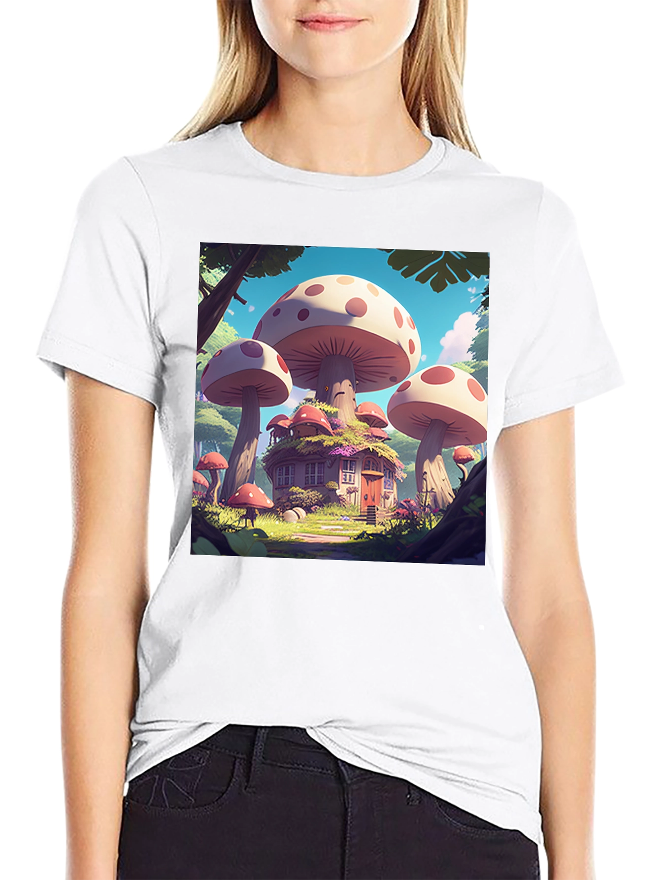 Mushroom House Graphic Tee - Whimsical Forest Design