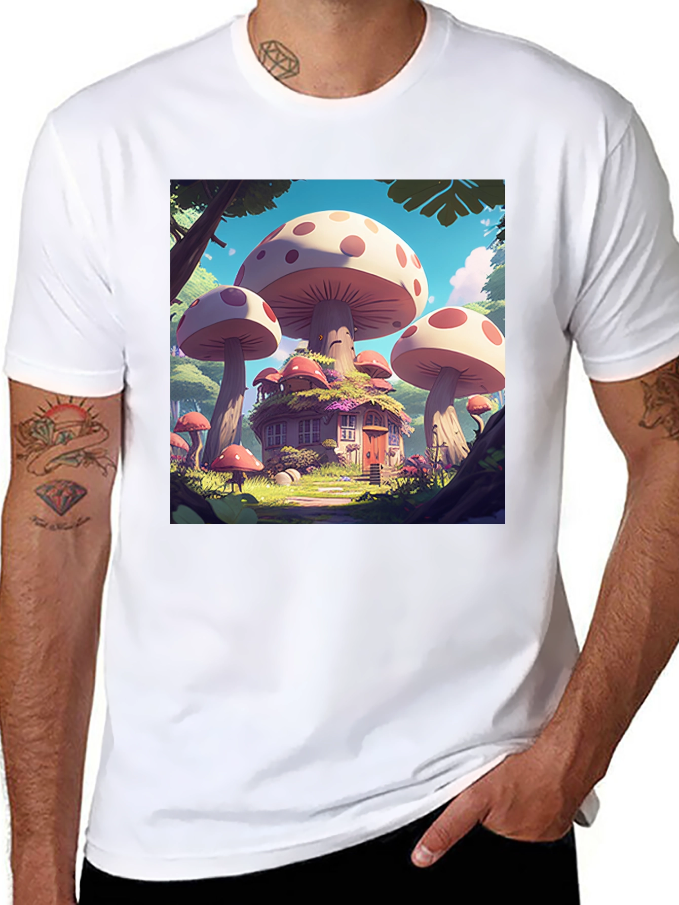 Mushroom House Graphic Tee - Whimsical Forest Design