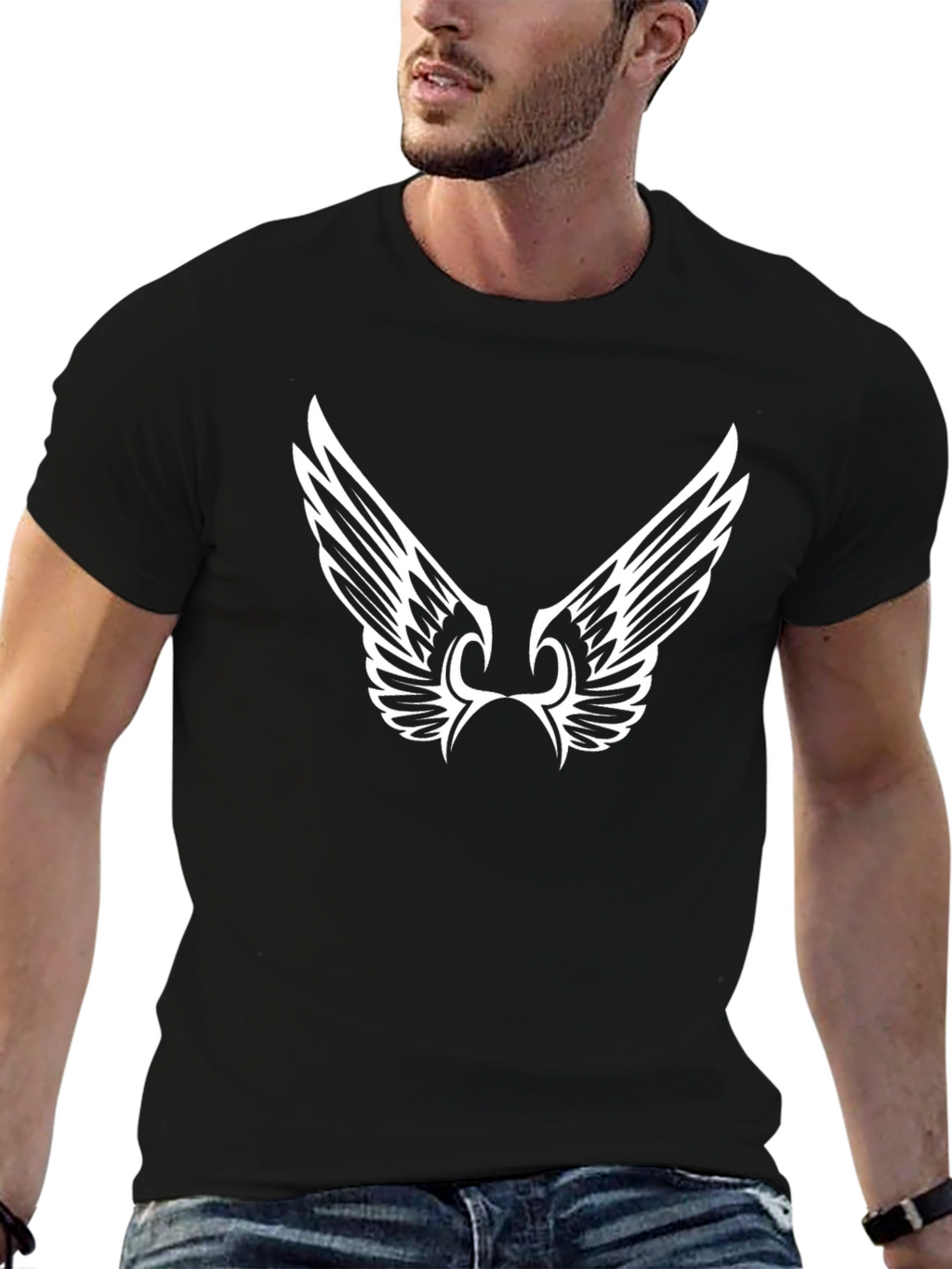 Black Graphic Tee - Angel Wings Design