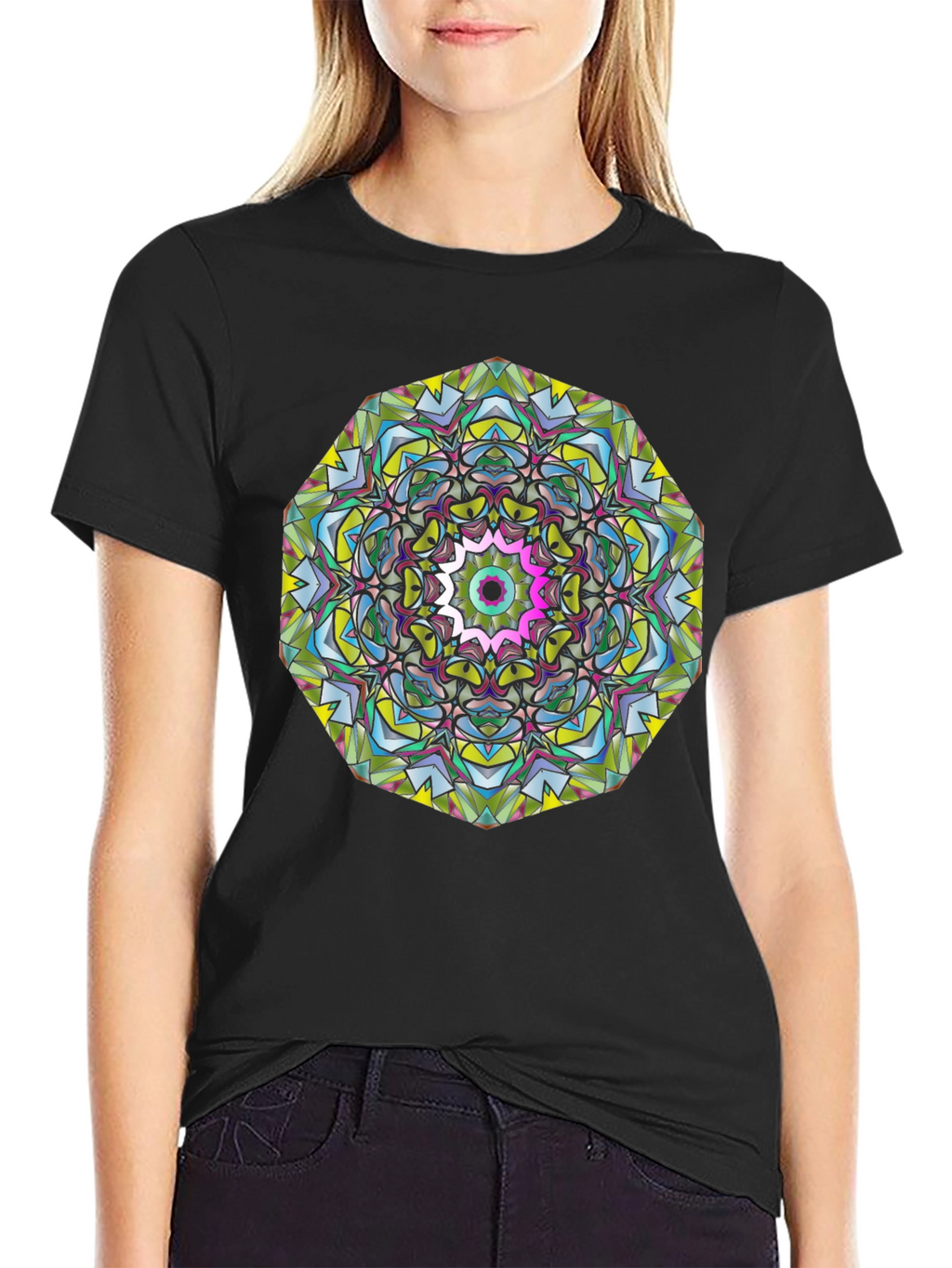 Abstract Mandala Graphic Print Black T-Shirt