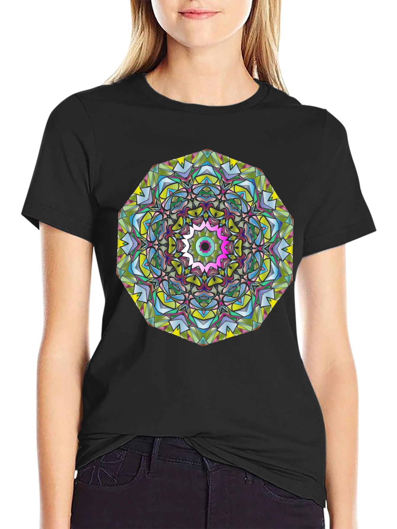 Abstract Mandala Graphic Print Black T-Shirt