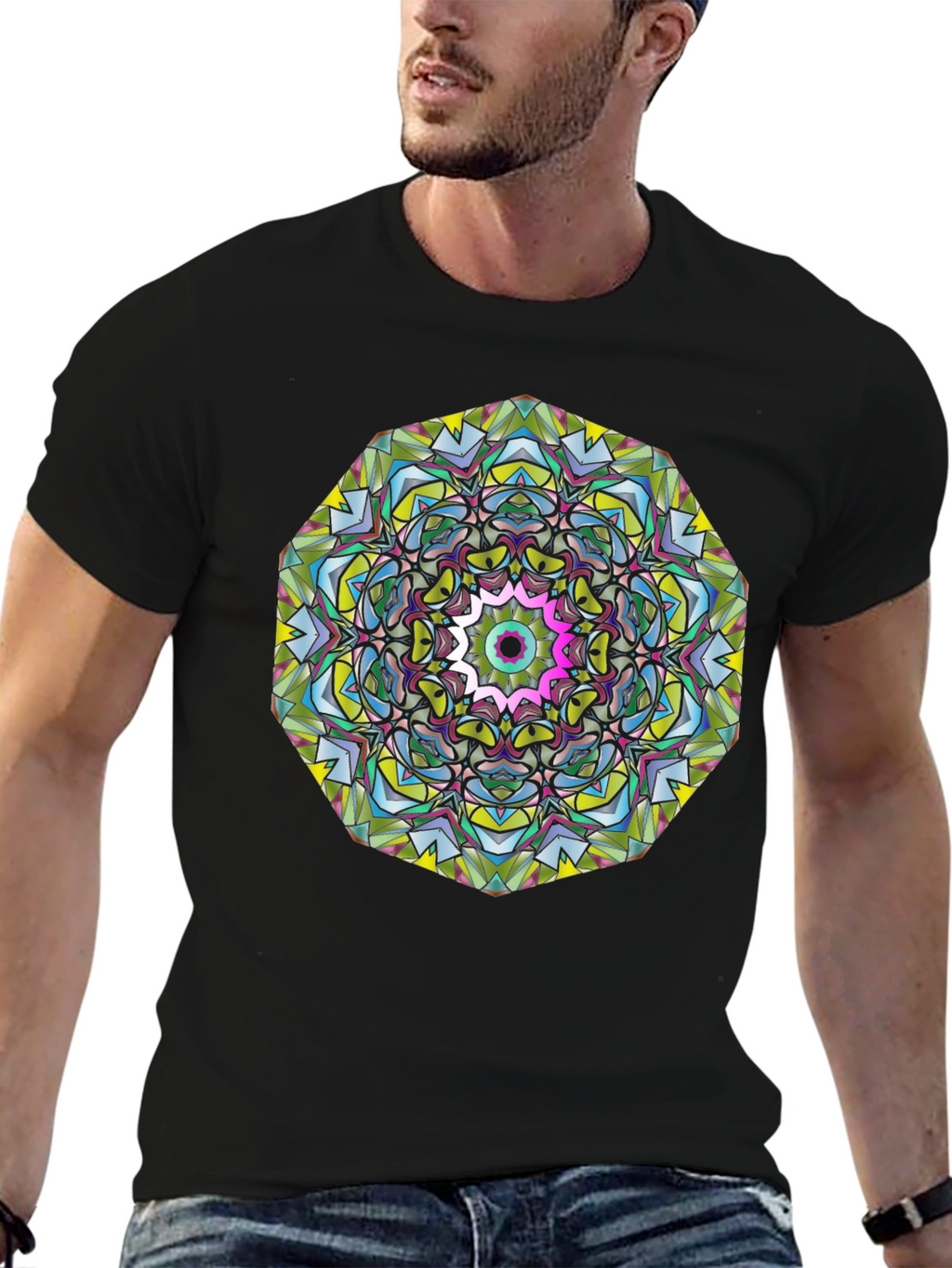 Abstract Mandala Graphic Print Black T-Shirt