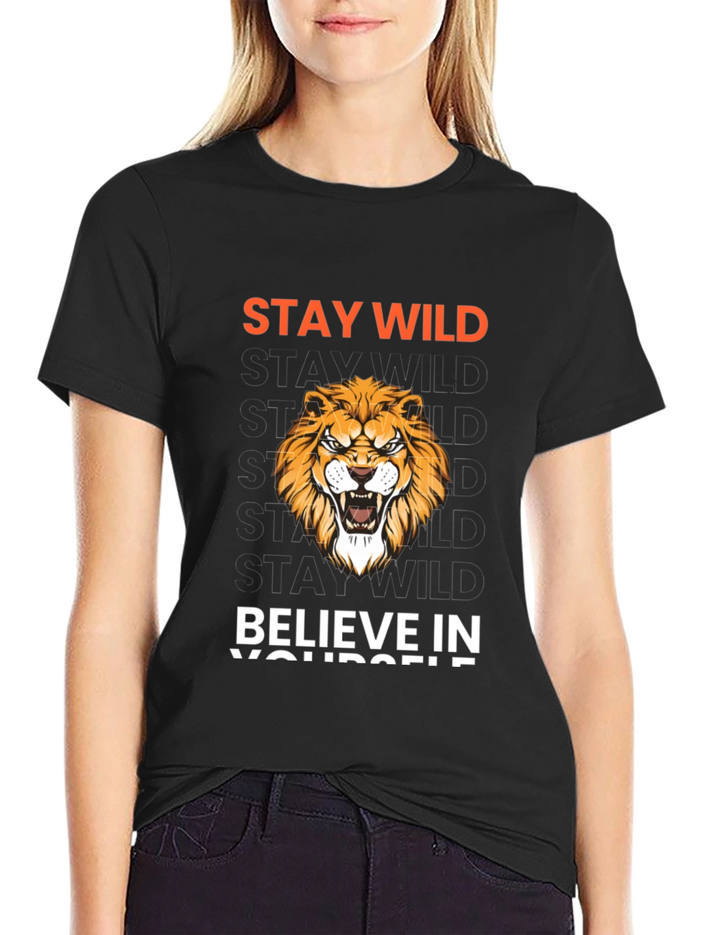 Stay Wild Lion Graphic Print Black T-Shirt