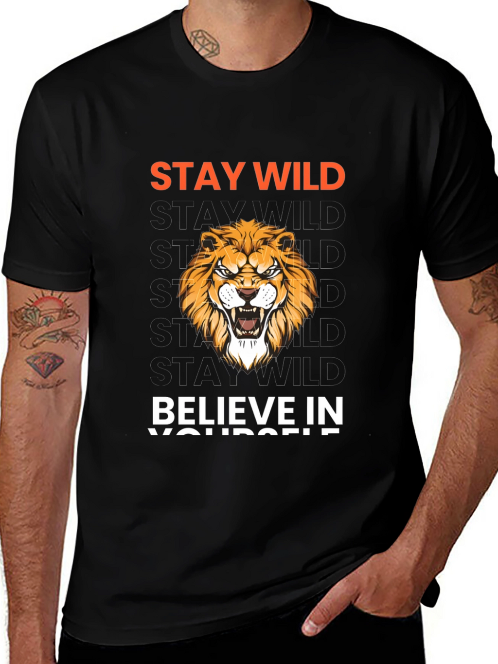 Stay Wild Lion Graphic Print Black T-Shirt
