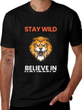 Stay Wild Lion Graphic Print Black T-Shirt