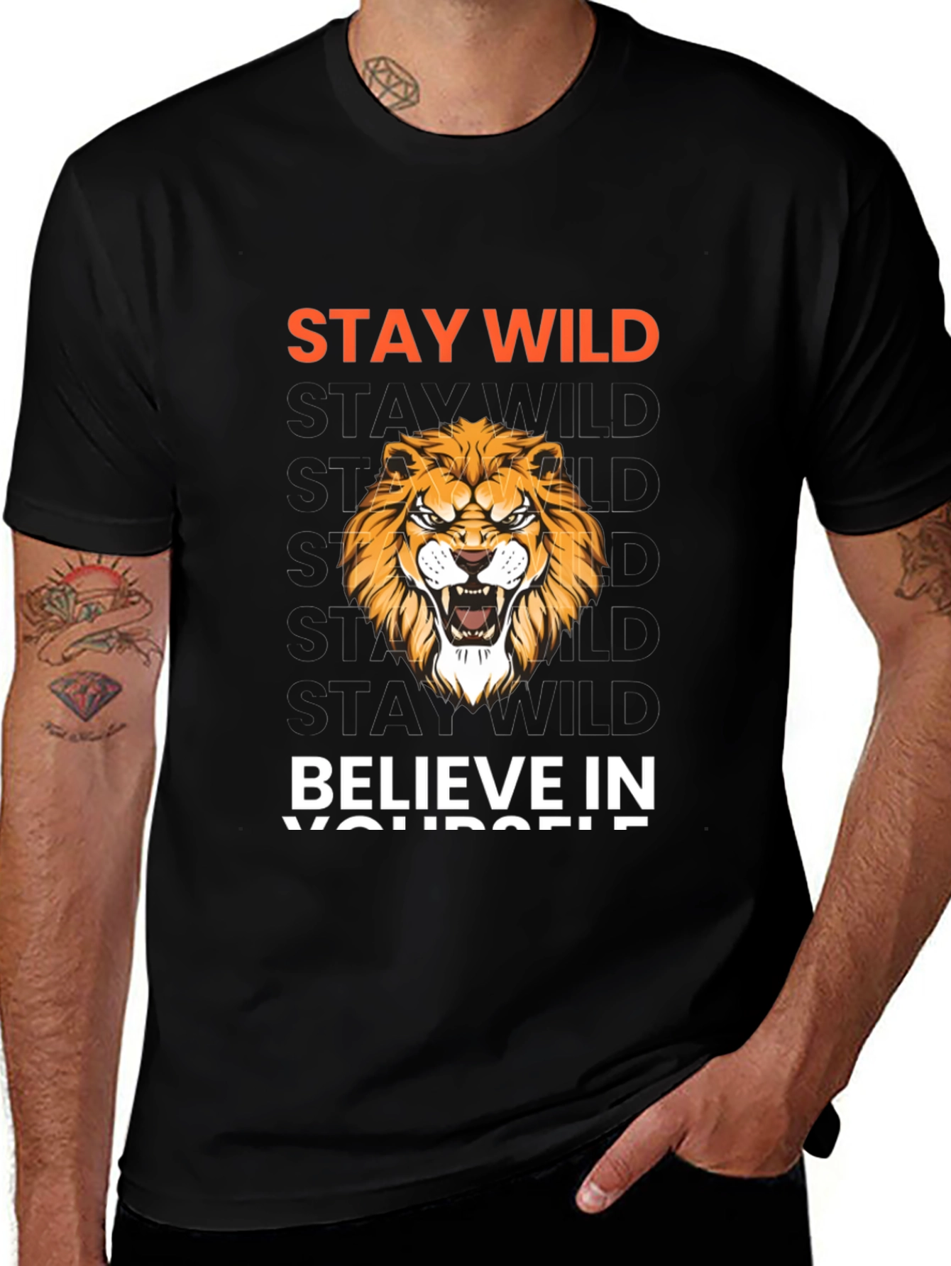 Stay Wild Lion Graphic Print Black T-Shirt