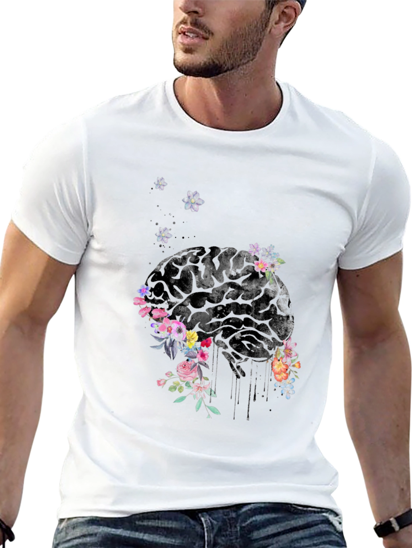 Floral Brain Graphic Tee - Unique Mens T-Shirt