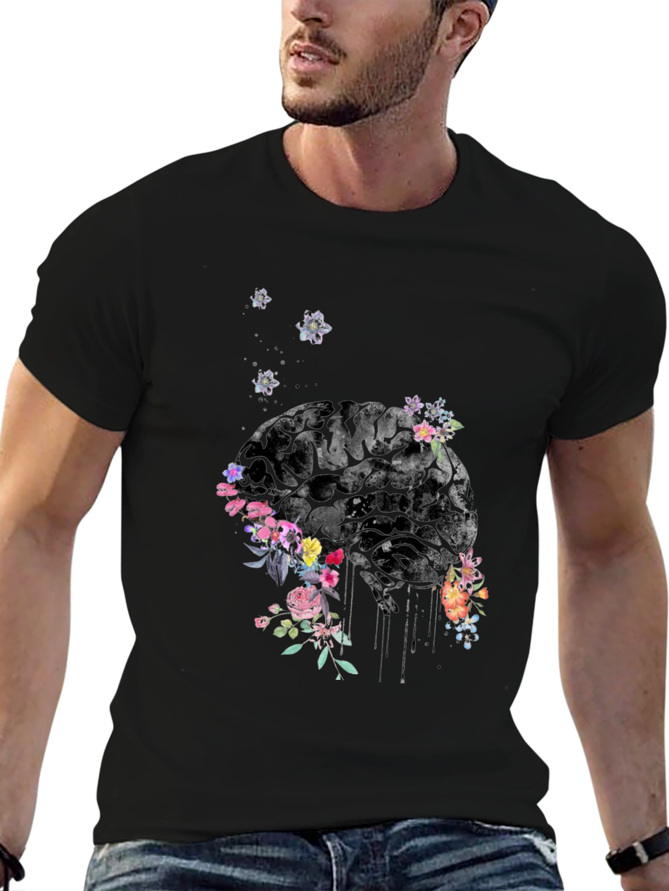 Floral Brain Graphic Tee - Unique Mens T-Shirt