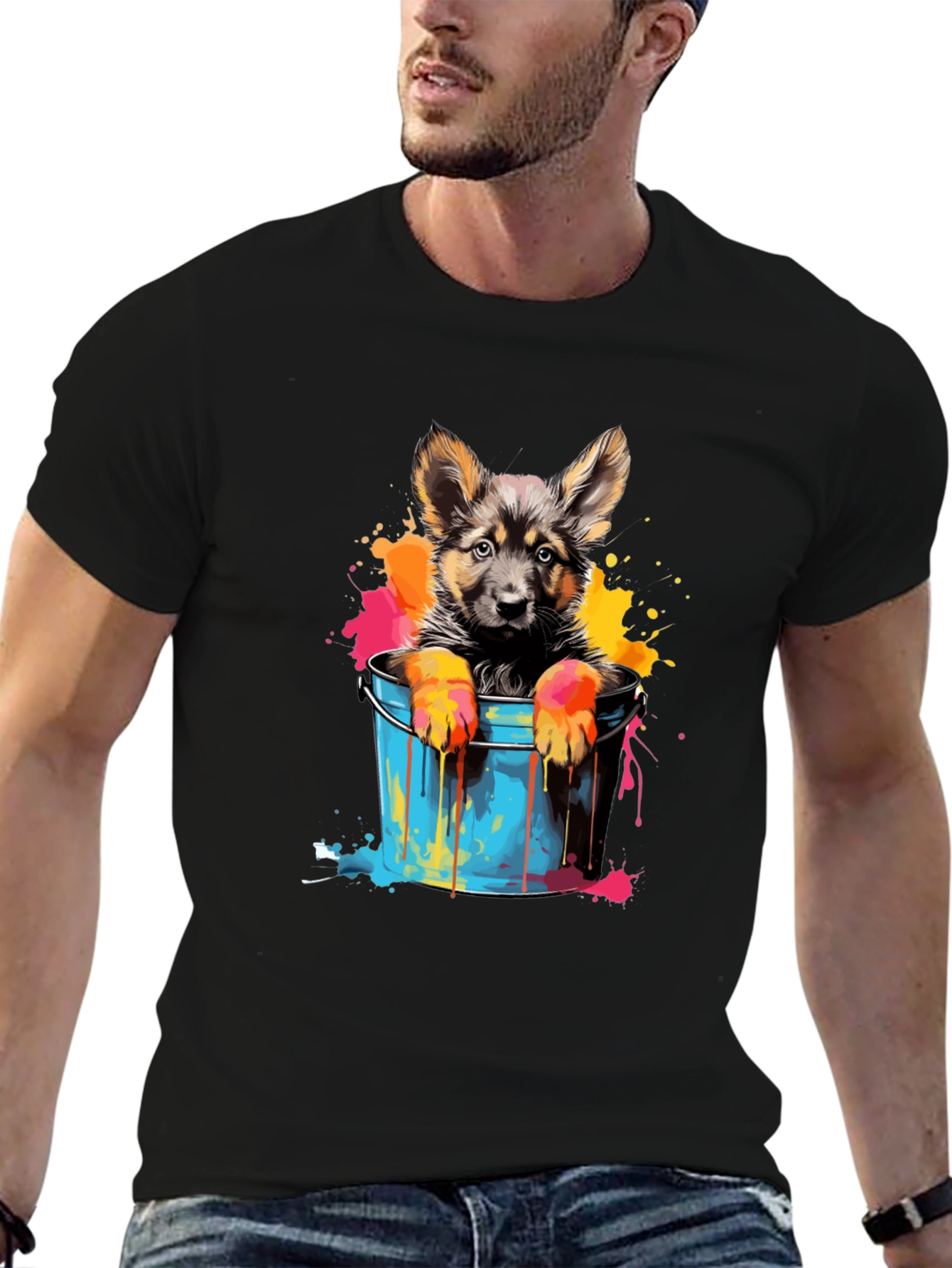 Puppy in Bucket Graphic Tee - Black Cotton