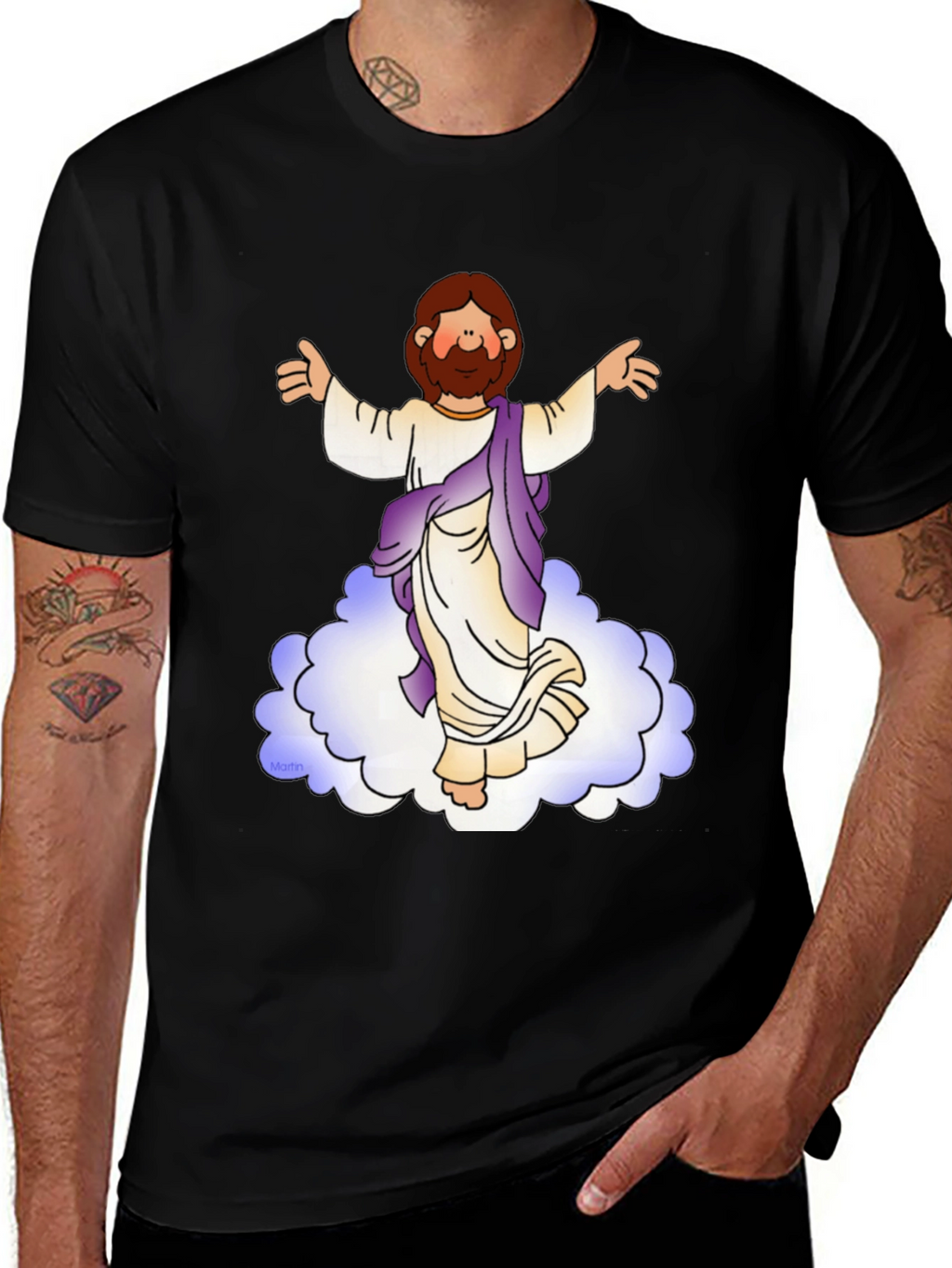 Cartoon Jesus on Cloud Black T-Shirt