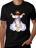 Cartoon Jesus on Cloud Black T-Shirt