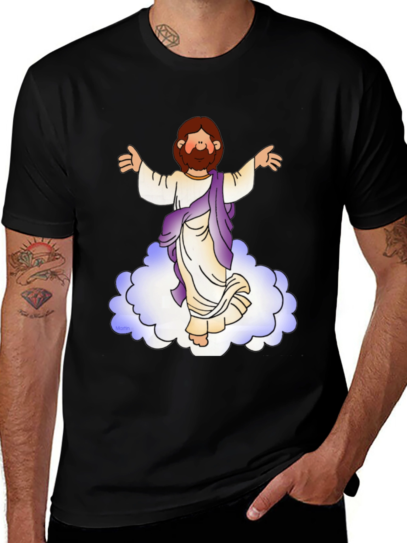 Cartoon Jesus on Cloud Black T-Shirt