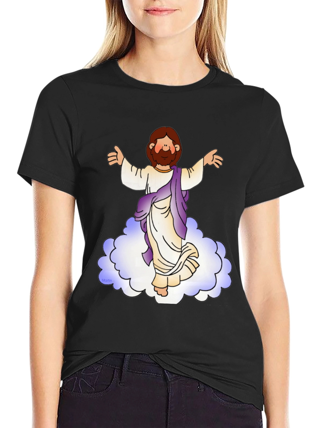 Cartoon Jesus on Cloud Black T-Shirt