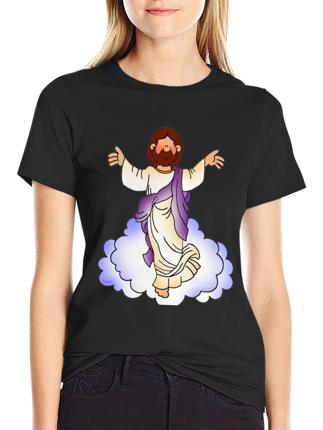 Cartoon Jesus on Cloud Black T-Shirt