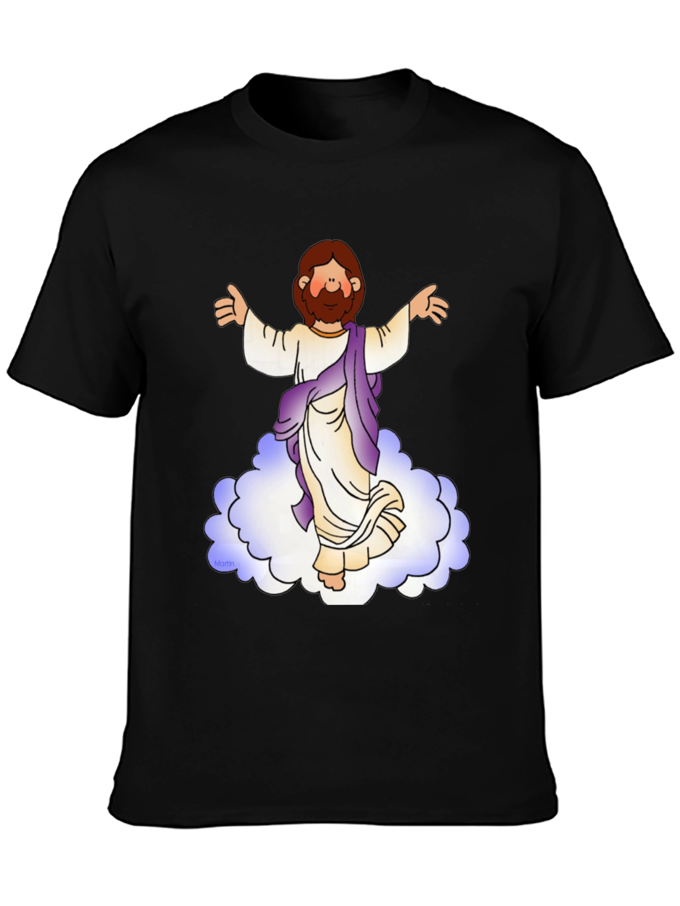 Cartoon Jesus on Cloud Black T-Shirt