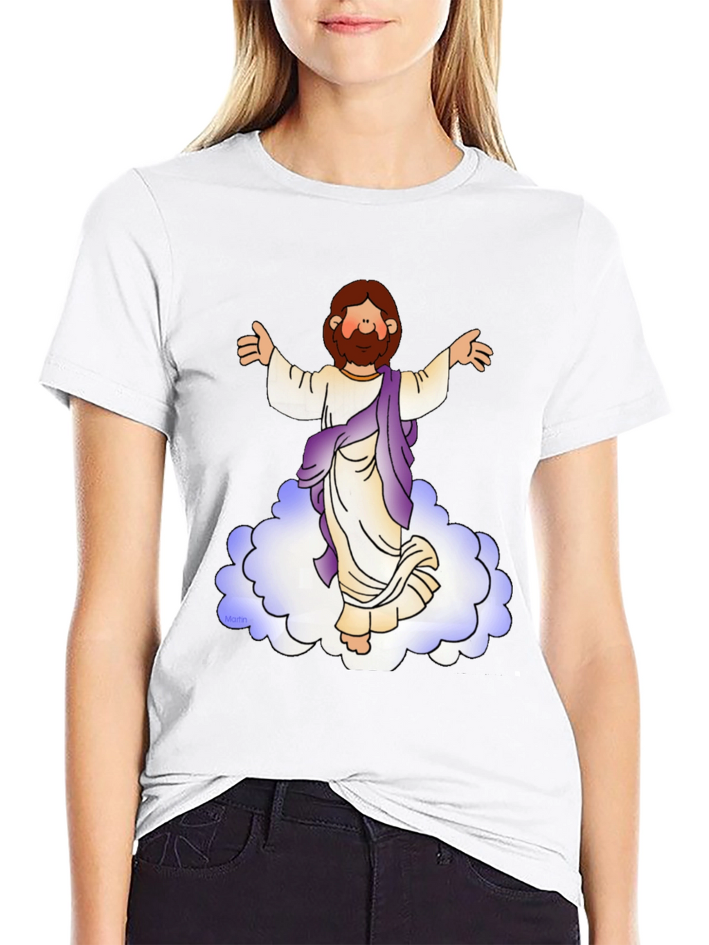 Cartoon Jesus on Cloud Black T-Shirt