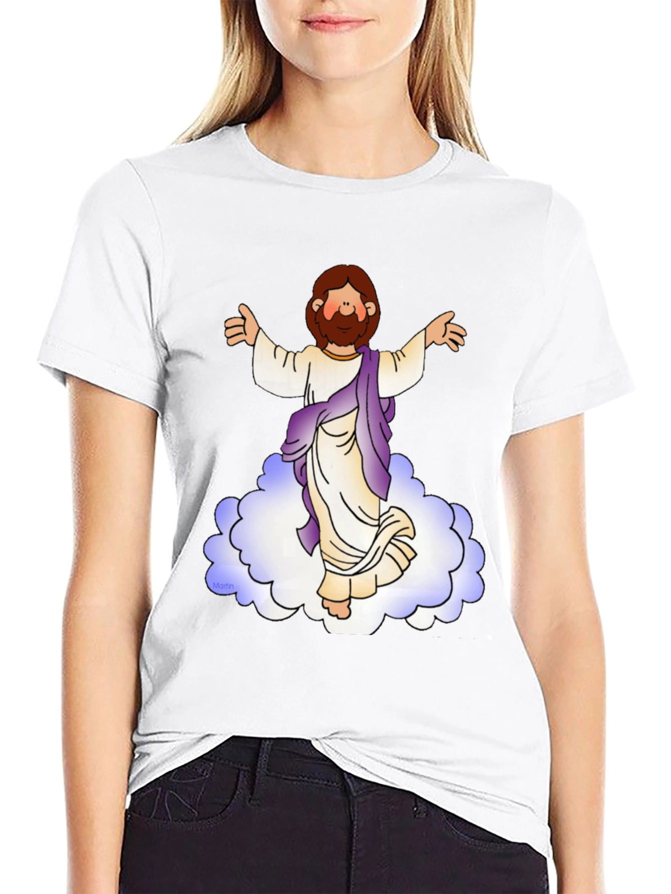 Cartoon Jesus on Cloud Black T-Shirt