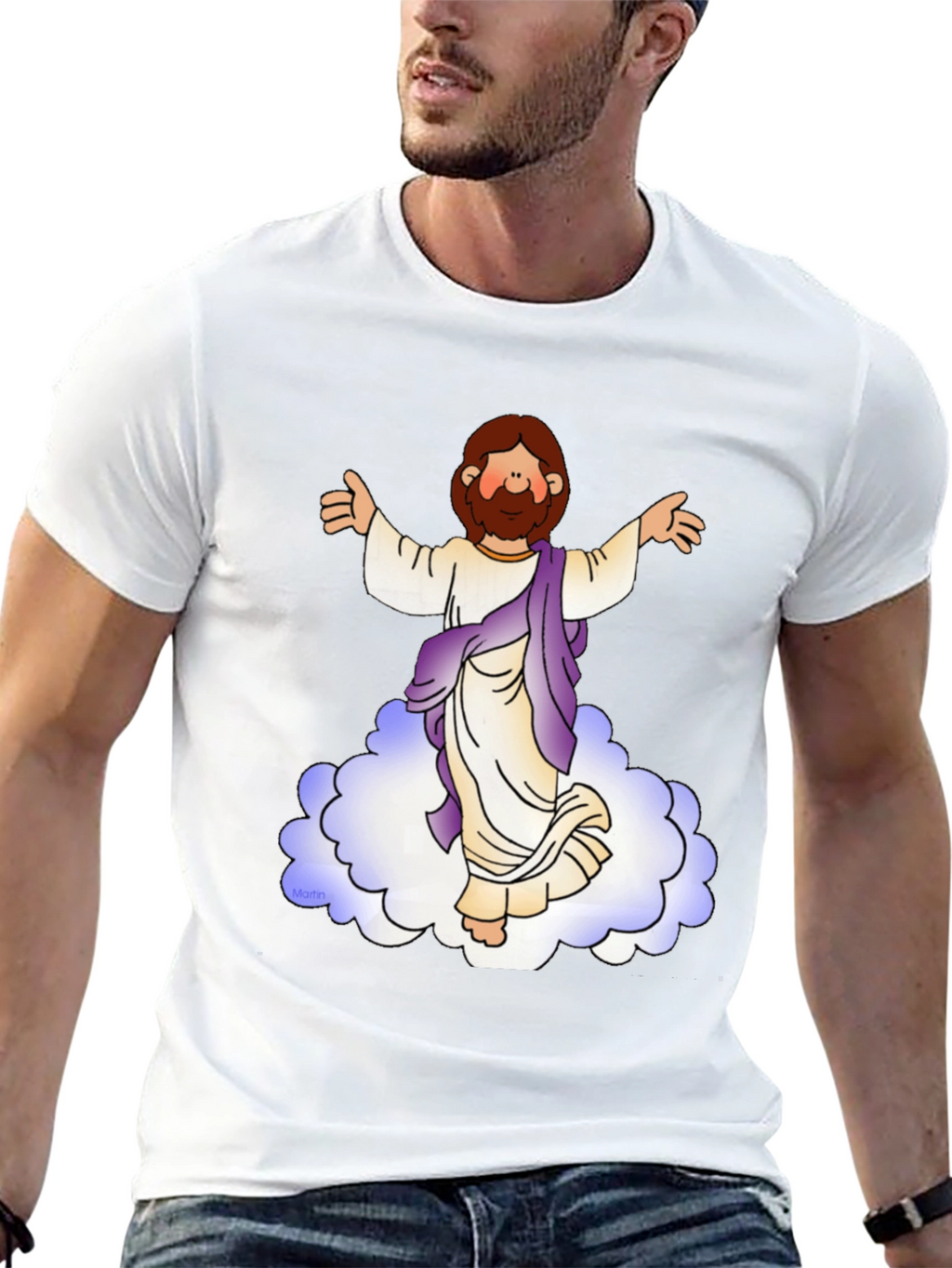 Cartoon Jesus on Cloud Black T-Shirt