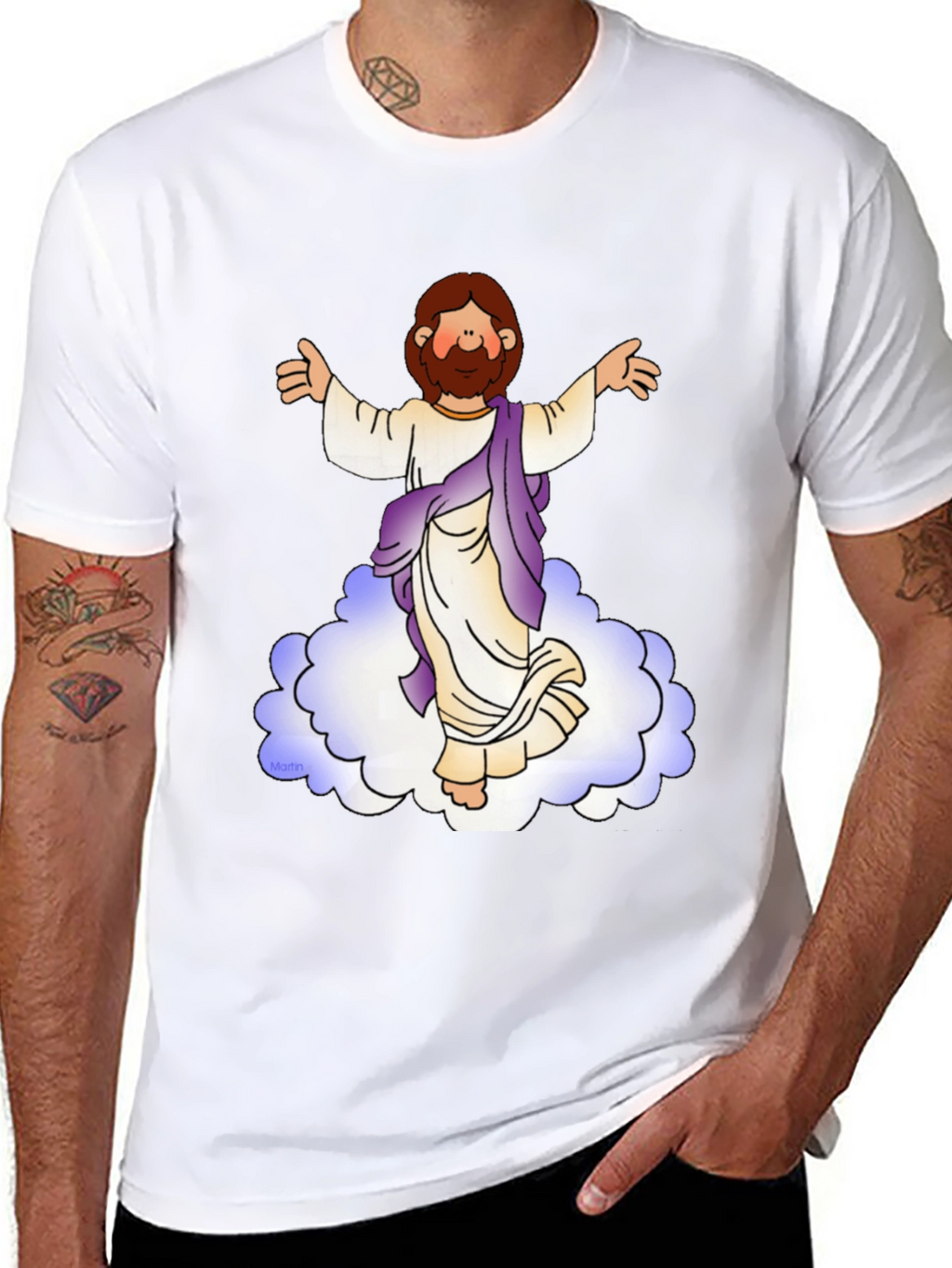 Cartoon Jesus on Cloud Black T-Shirt
