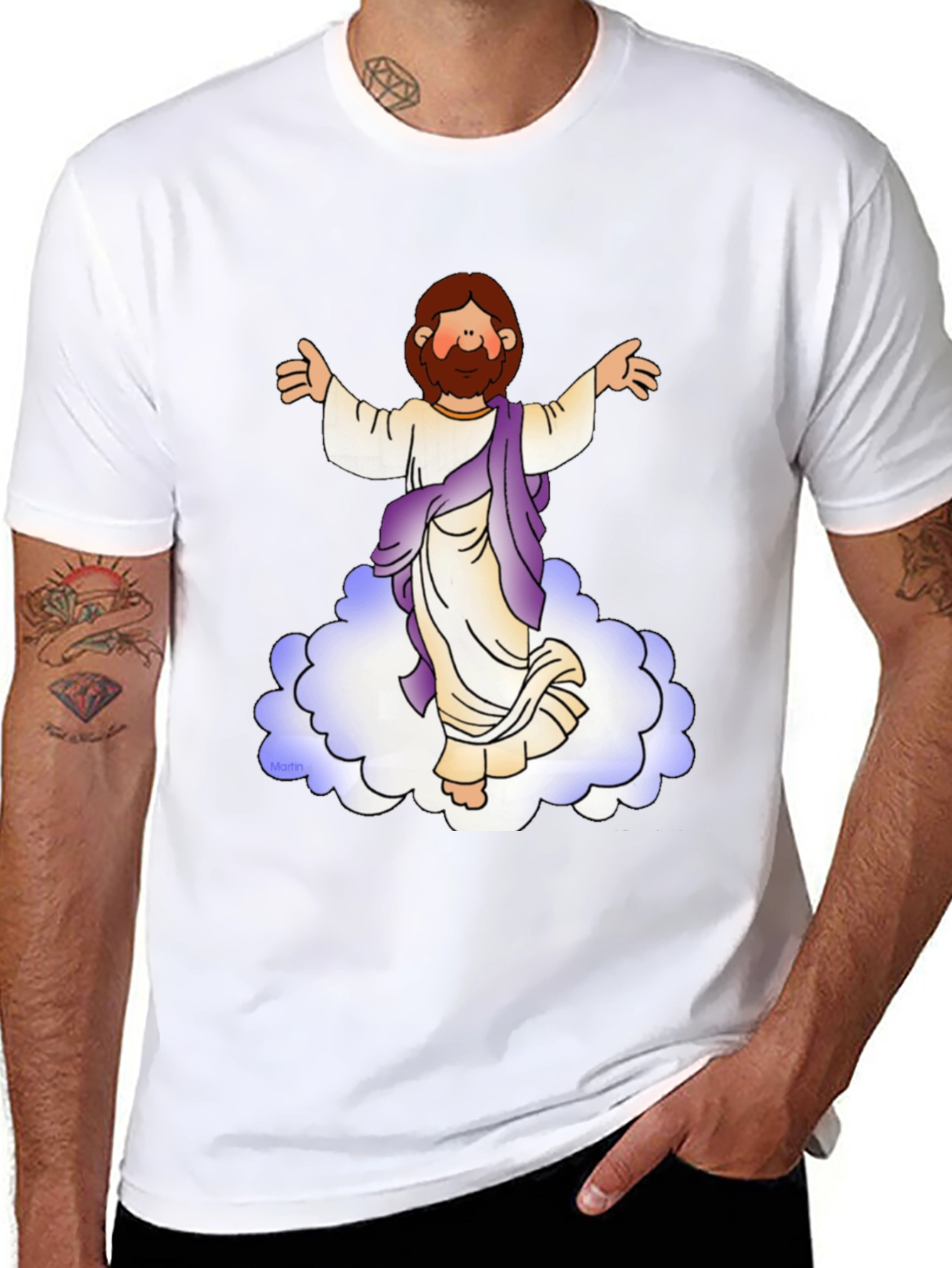 Cartoon Jesus on Cloud Black T-Shirt