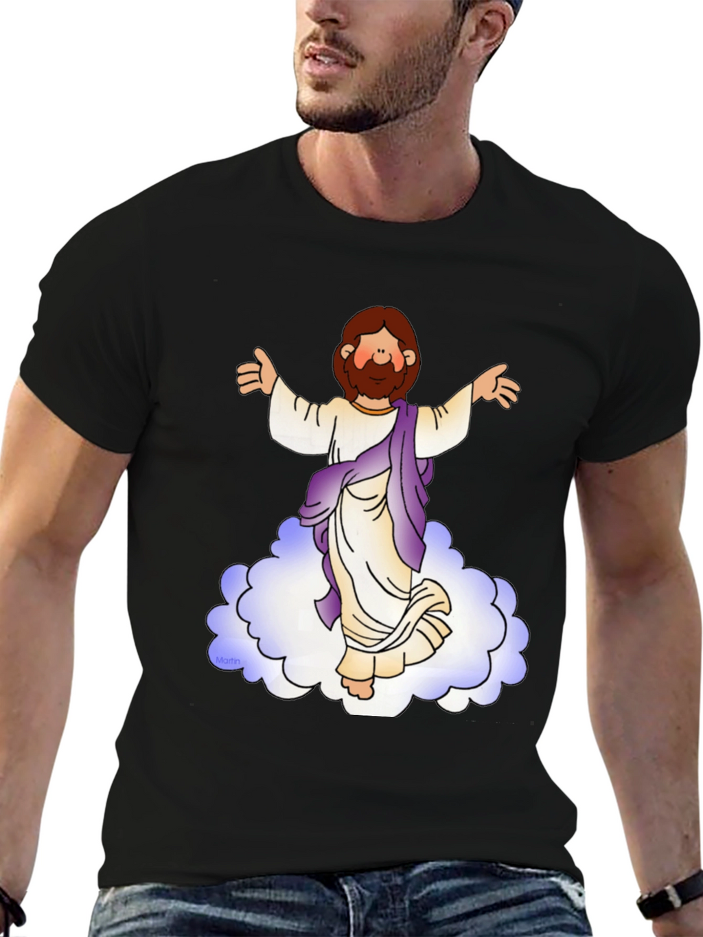 Cartoon Jesus on Cloud Black T-Shirt