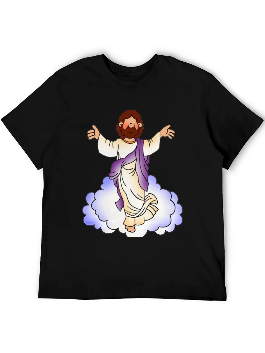 Cartoon Jesus on Cloud Black T-Shirt