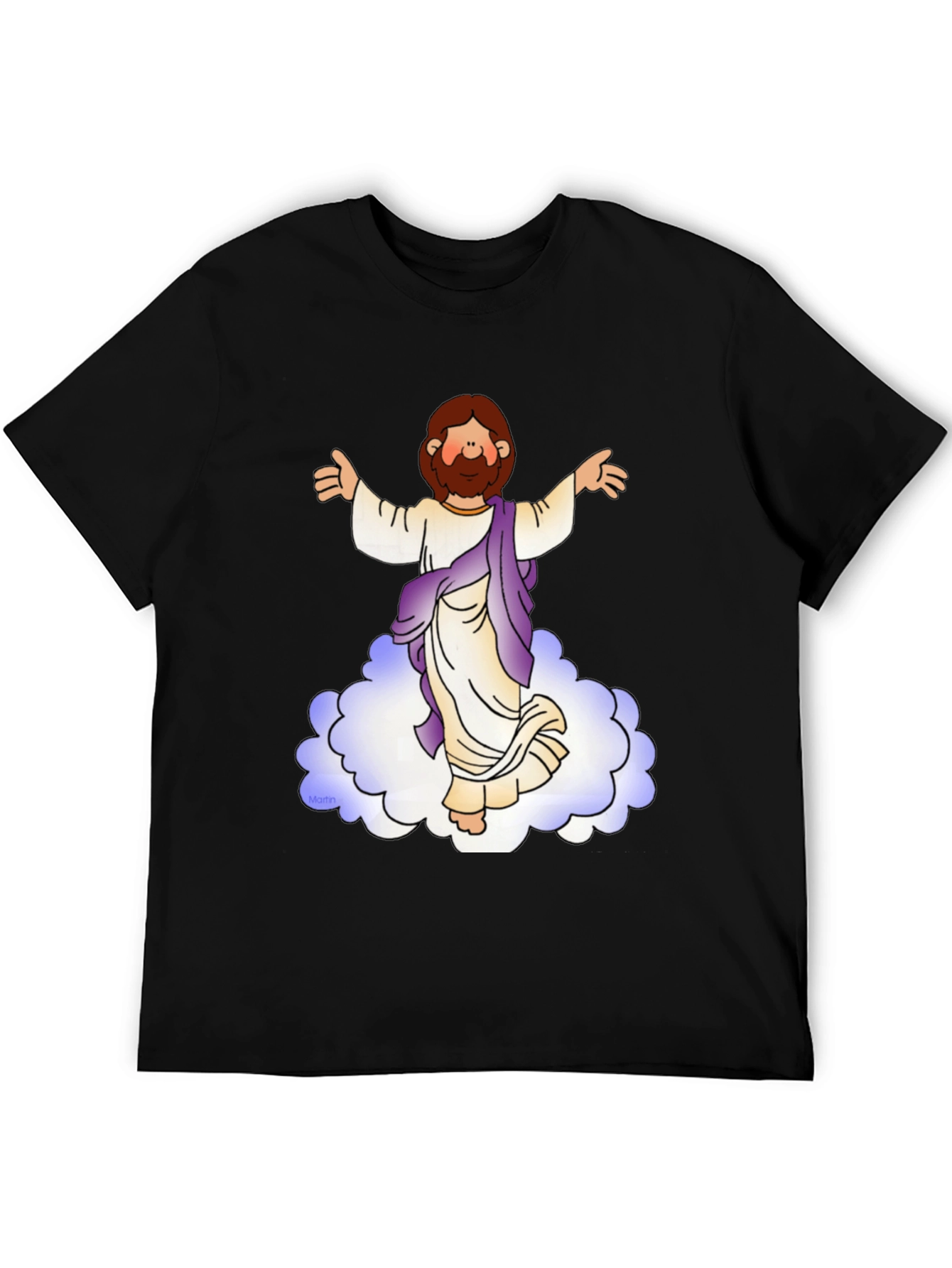 Cartoon Jesus on Cloud Black T-Shirt