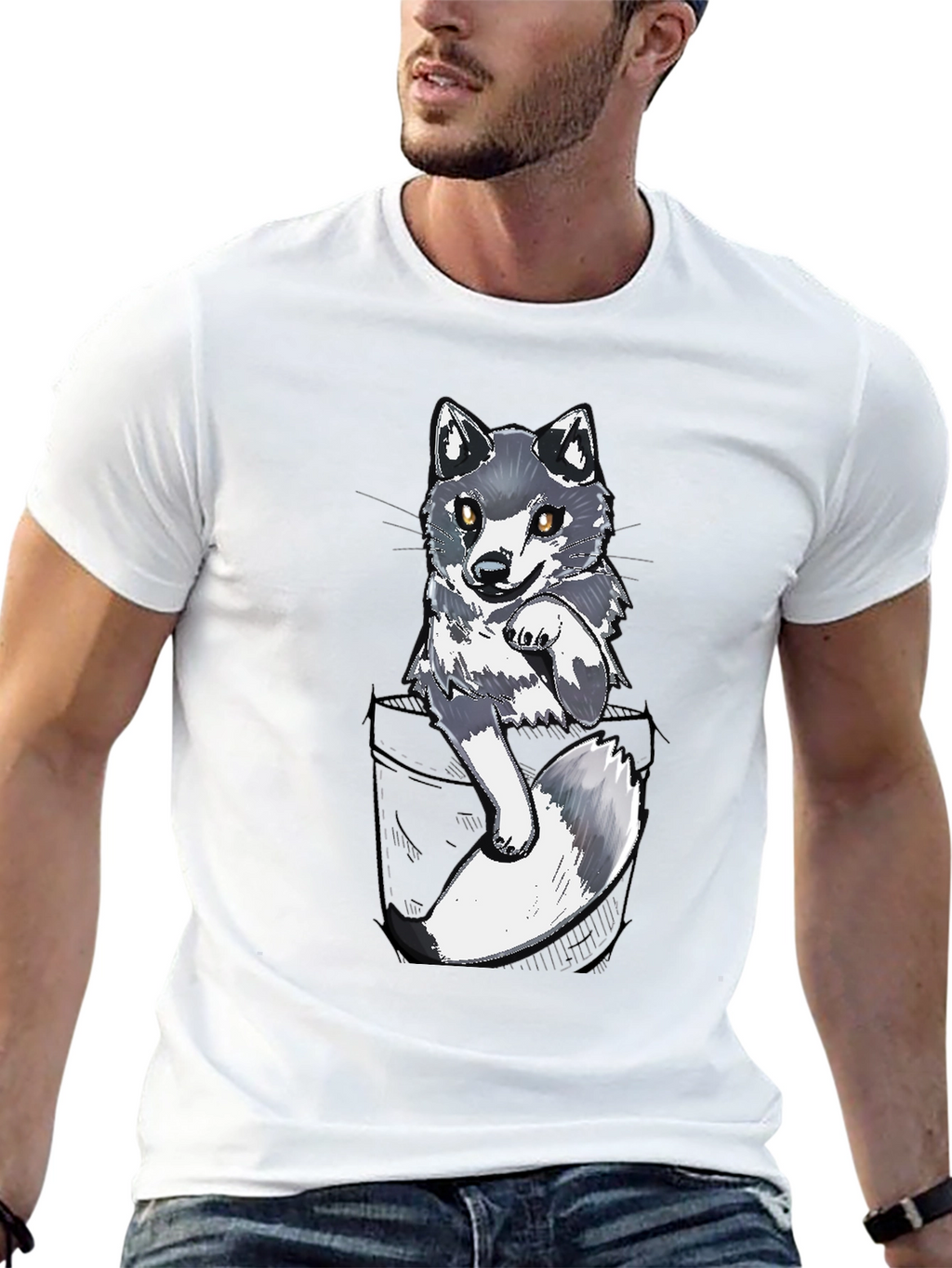 Cool Pocket Wolf Graphic Tee - Casual Black T-Shirt