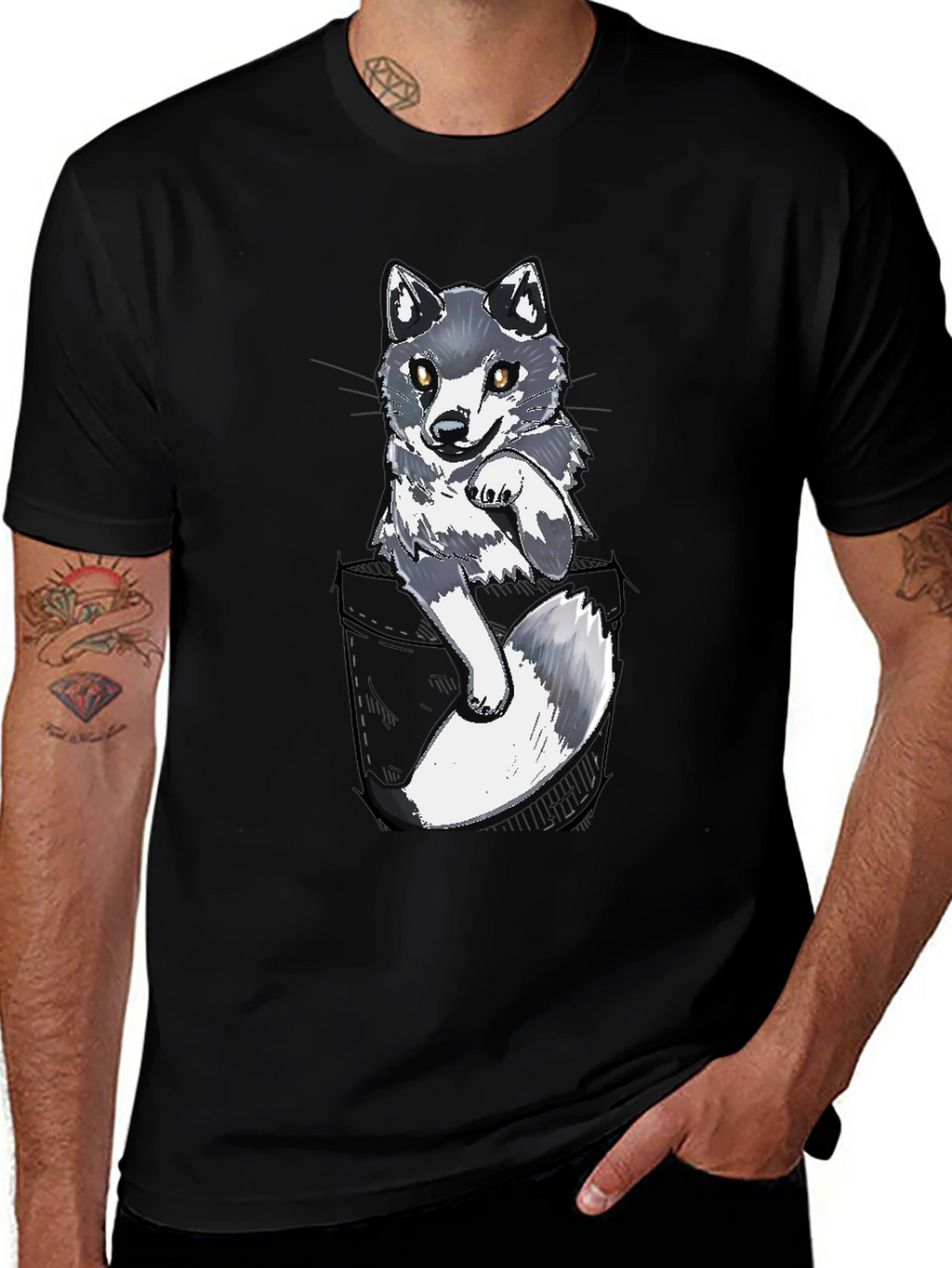 Cool Pocket Wolf Graphic Tee - Casual Black T-Shirt